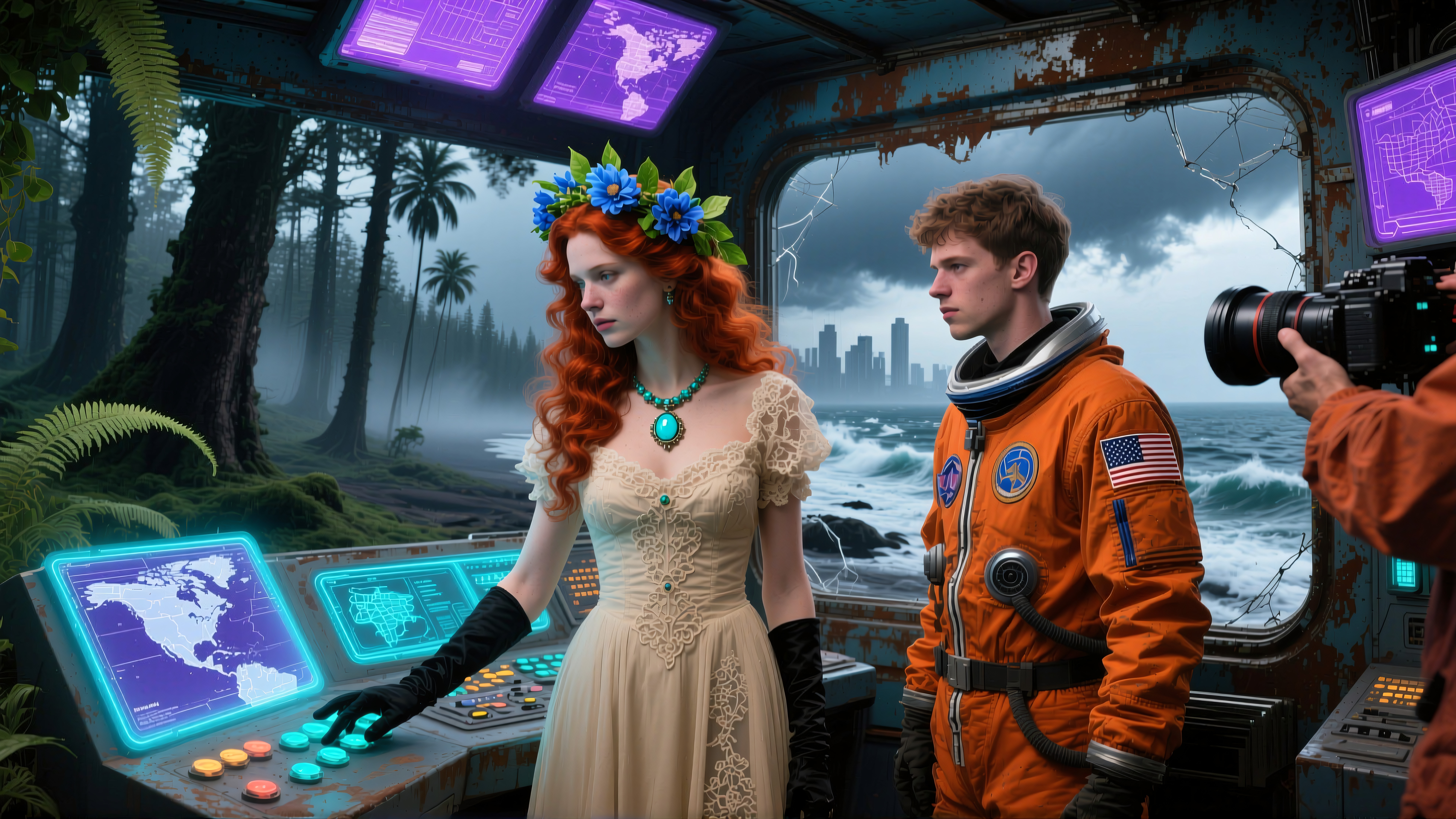 A woman in lace and a floral headpiece stands in a futuristic control room with an astronaut, overlooking the ocean and city skyline.
