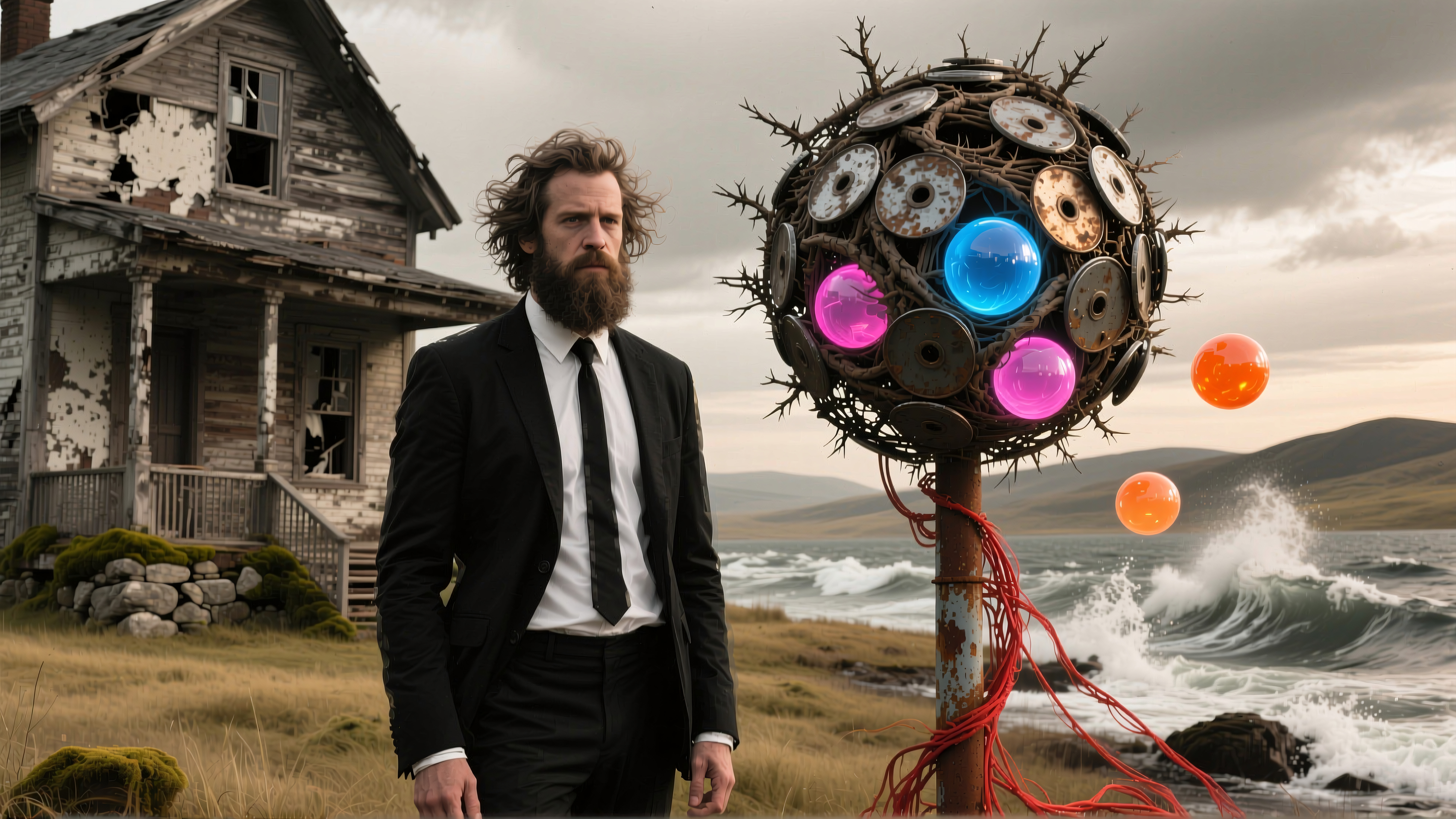 A man in a suit standing beside a glowing spherical sculpture near an old house by the ocean.