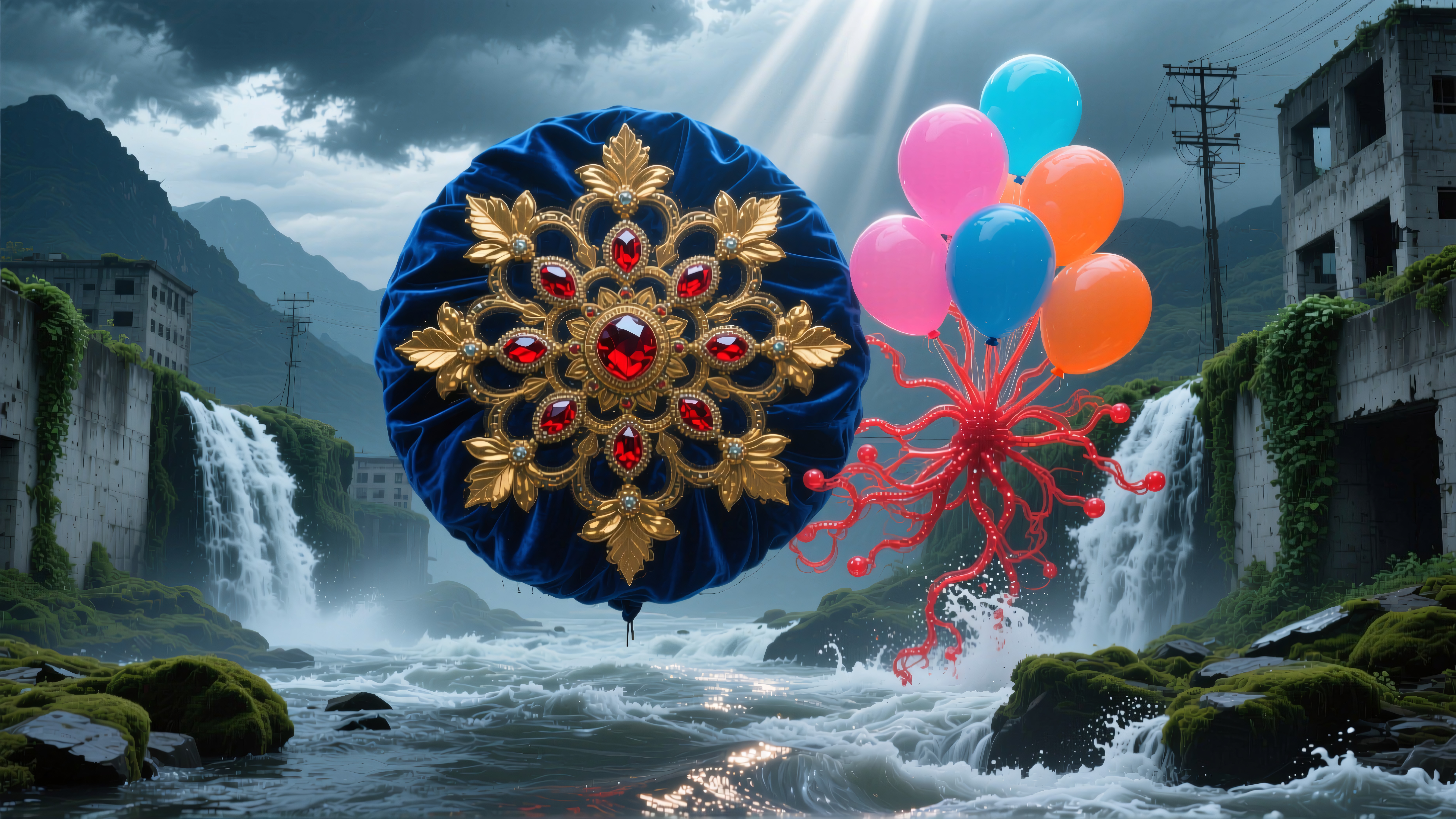 Surreal scene with ornate mandala, vibrant balloons, and cascading waterfalls in an abandoned urban landscape.