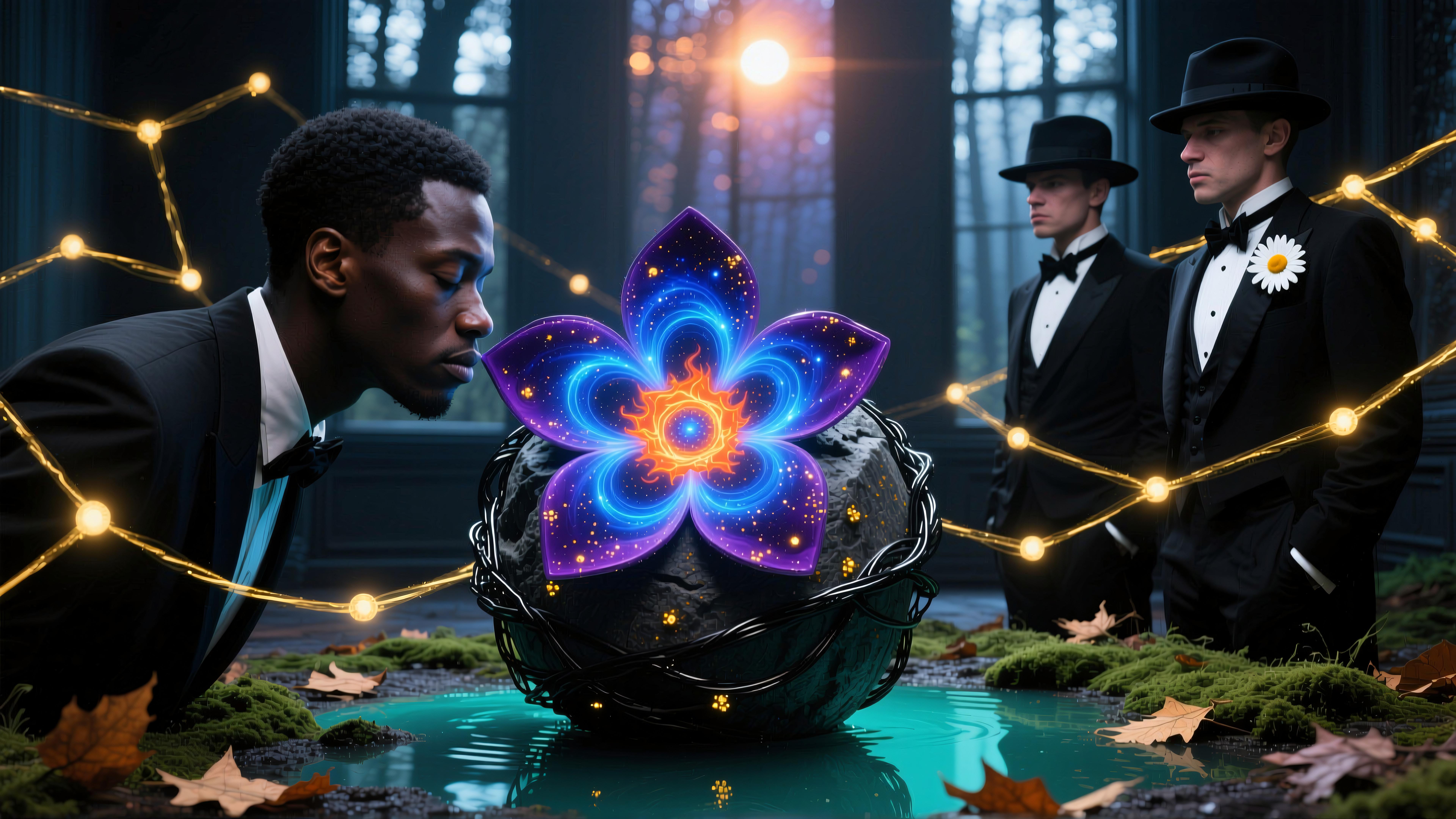 Tuxedoed Men Observing Cosmic Flower in Enchanted Room