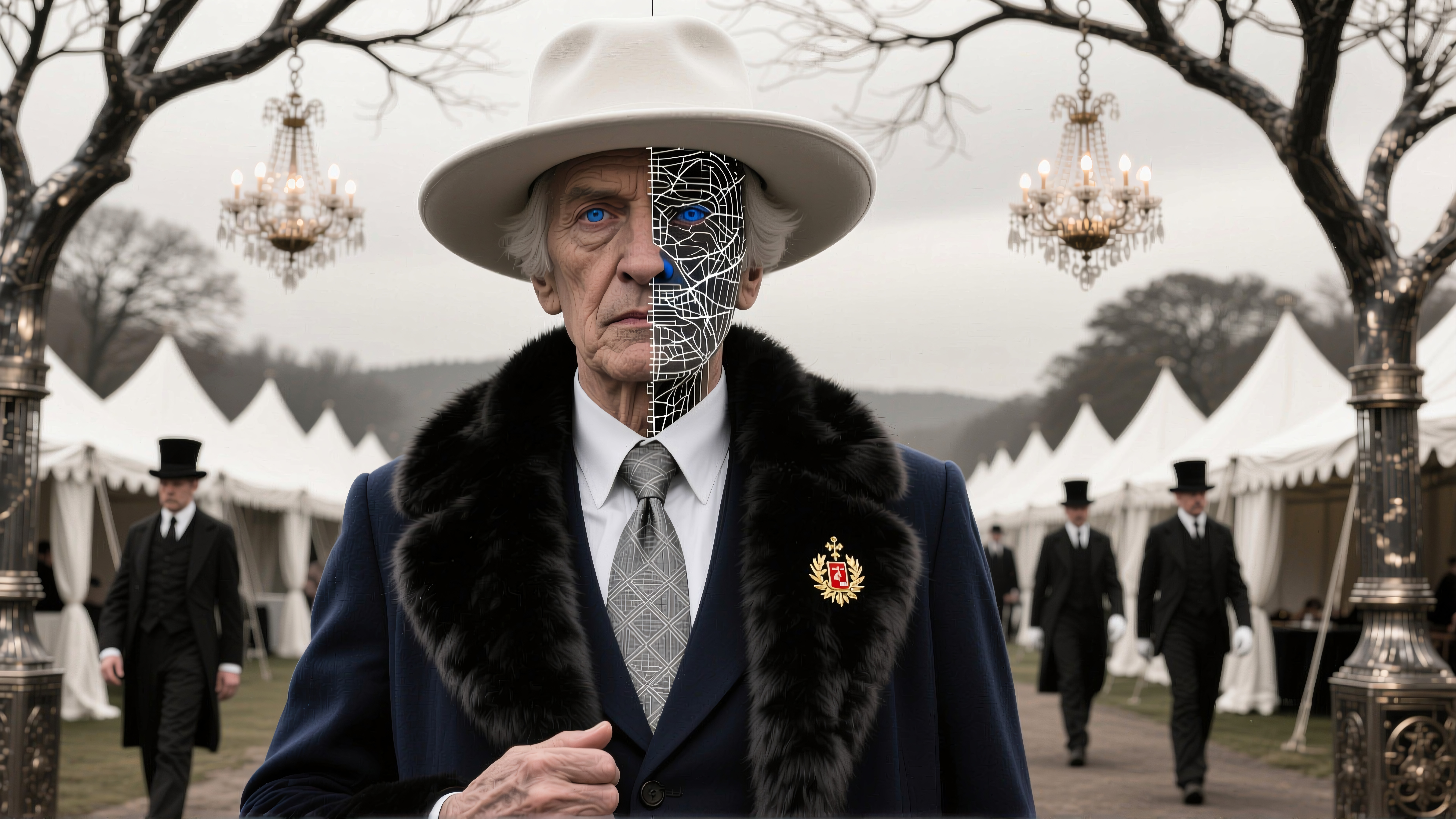 Elderly man with half-cybernetic face, wearing a white hat, near outdoor white tents.