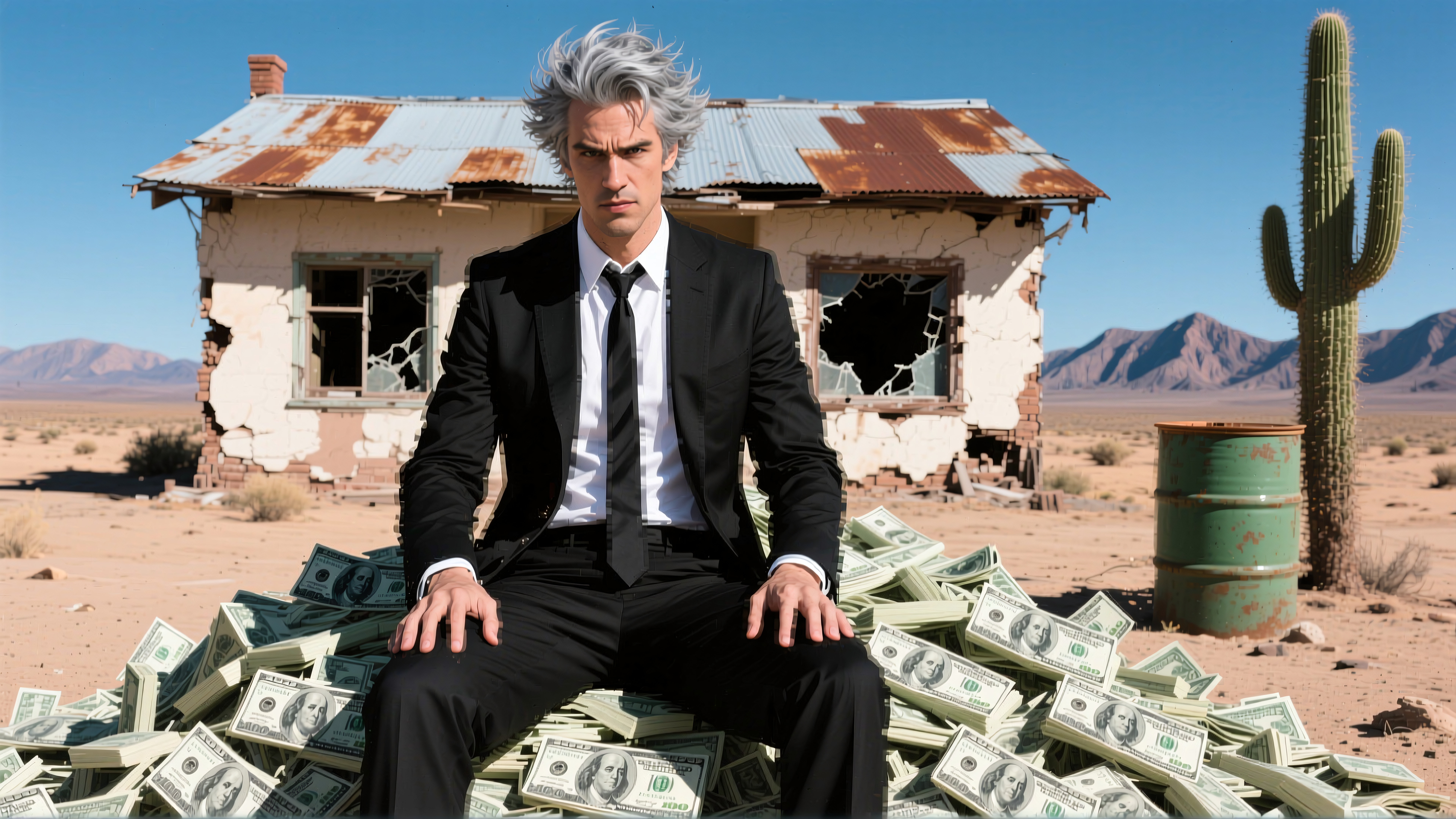 A man in a suit sits on a pile of cash in a desert, surrounded by a dilapidated shack and a cactus.