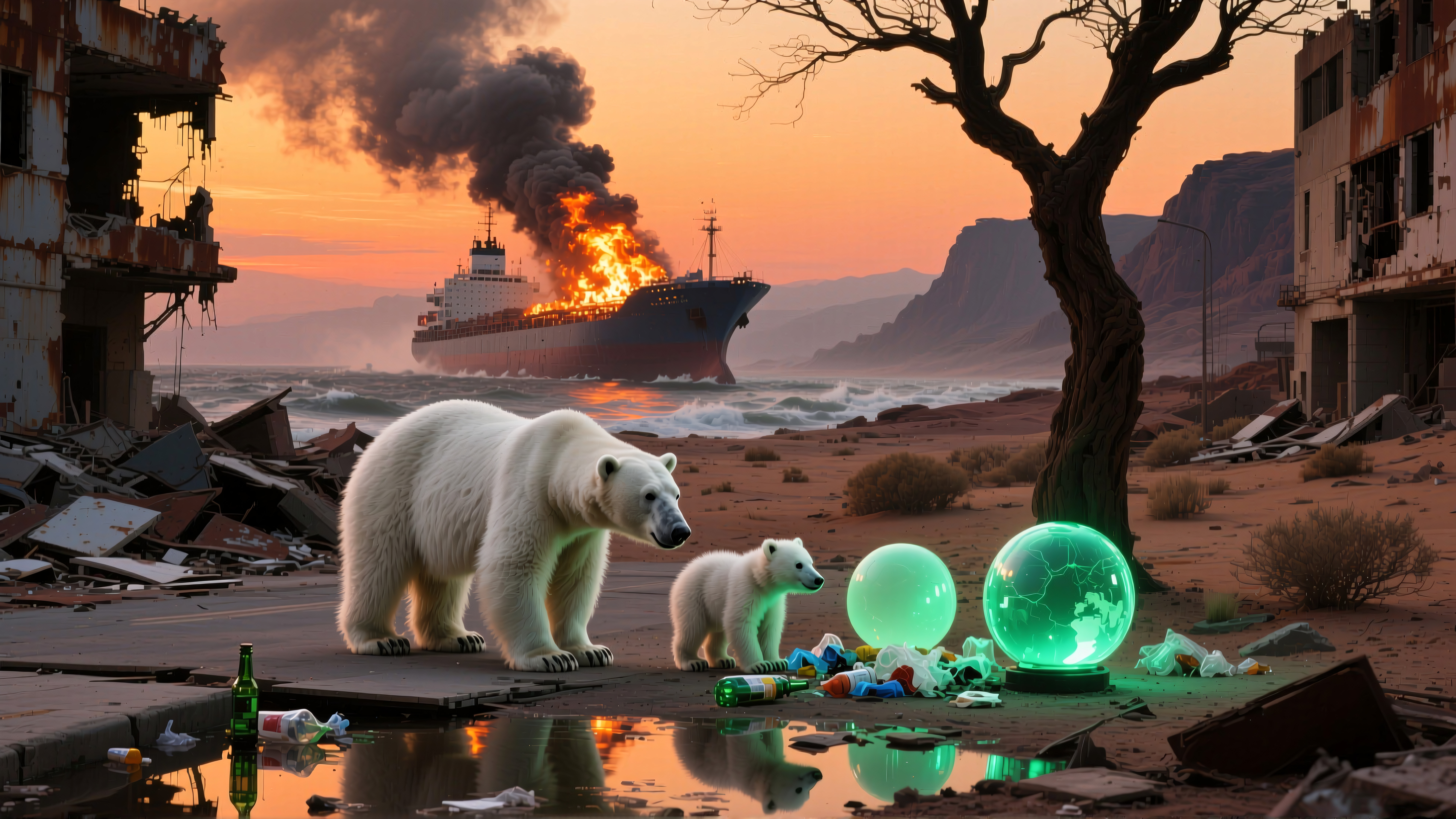 Polar bears in a polluted landscape with a burning ship, highlighting environmental crisis and urgency for change.