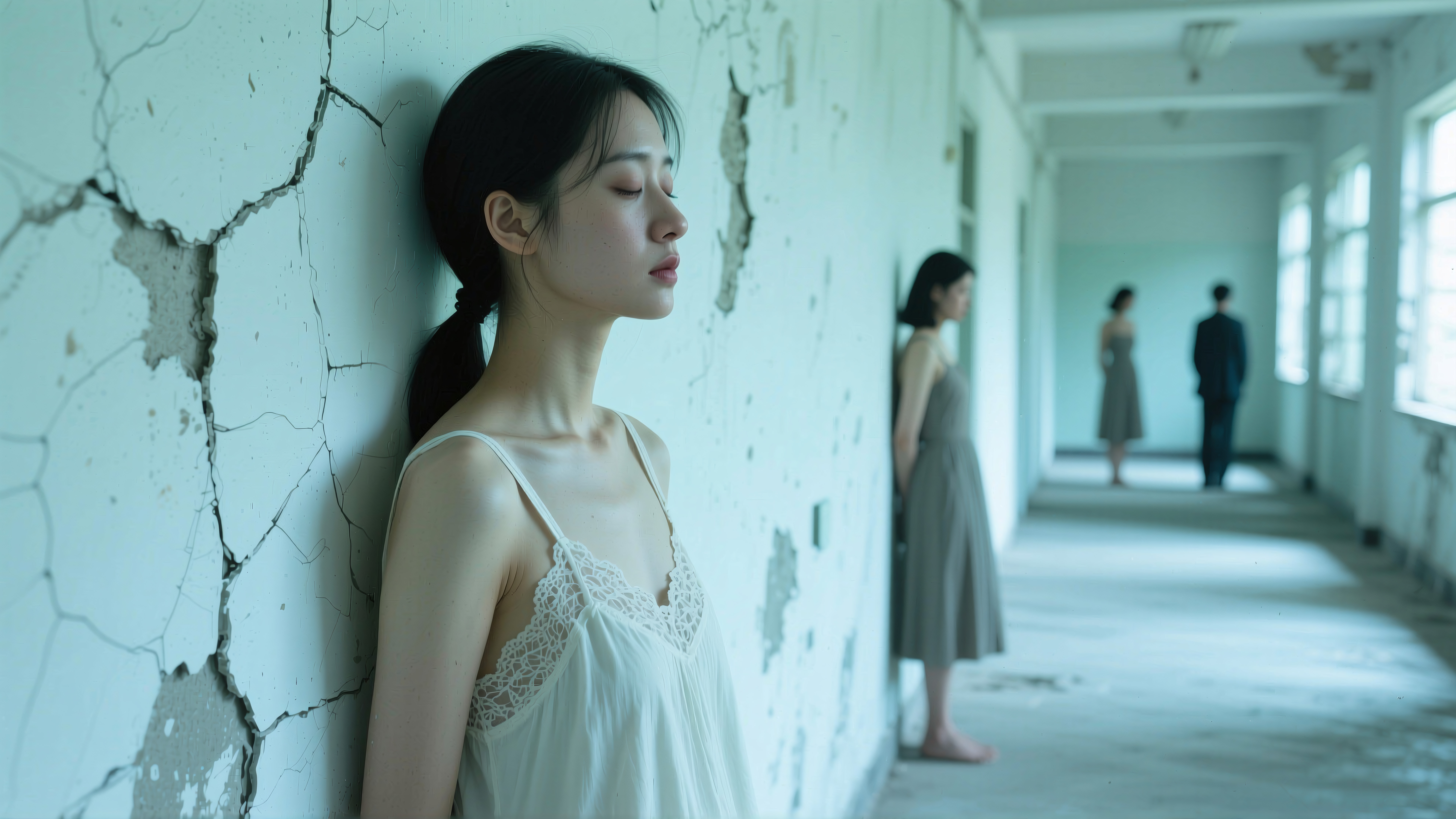 A contemplative woman leans against a cracked wall in a dim hallway with blurred figures in the background.