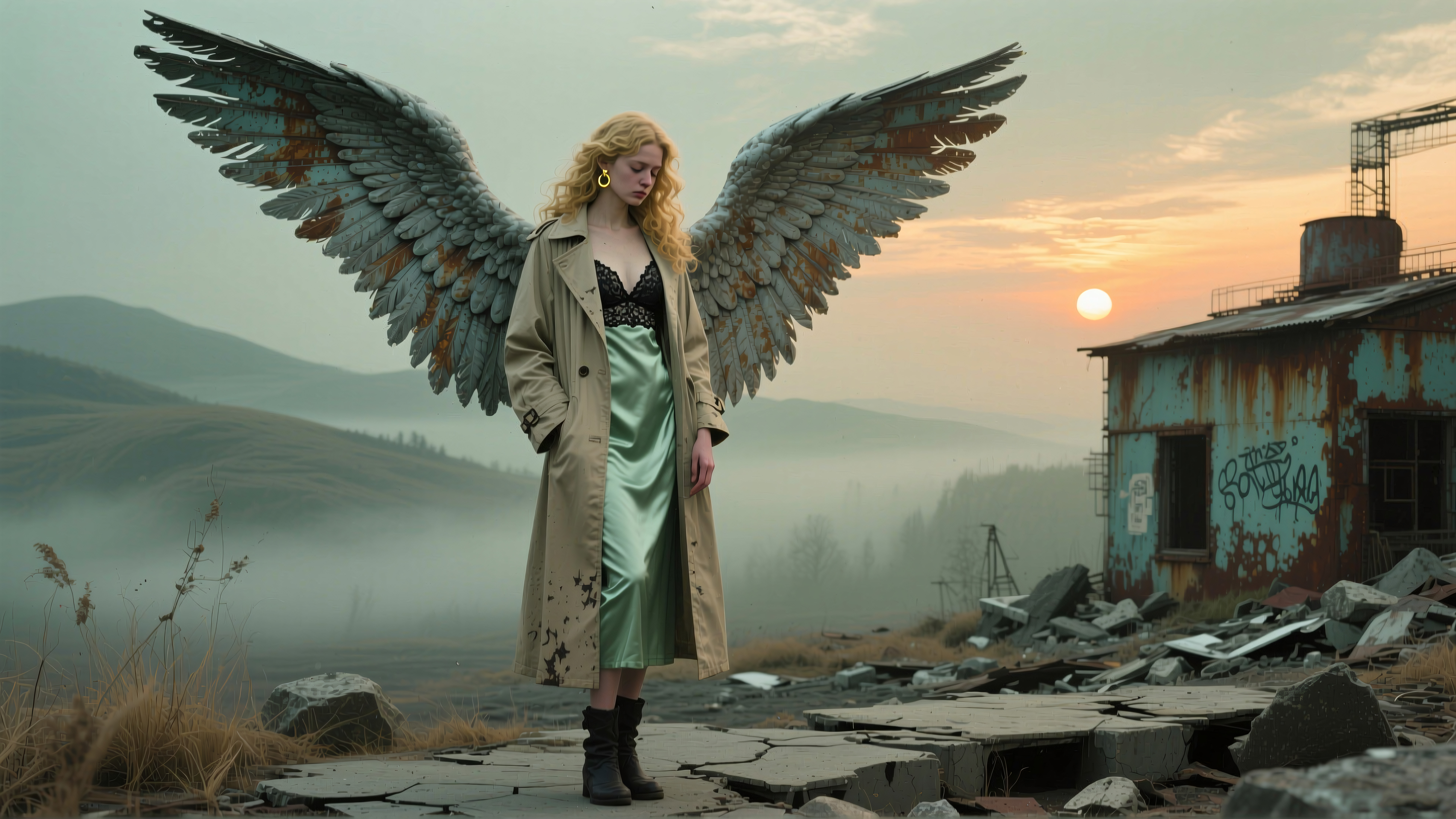 Woman with Rust-Embedded Angel Wings in Post-Apocalyptic Industr