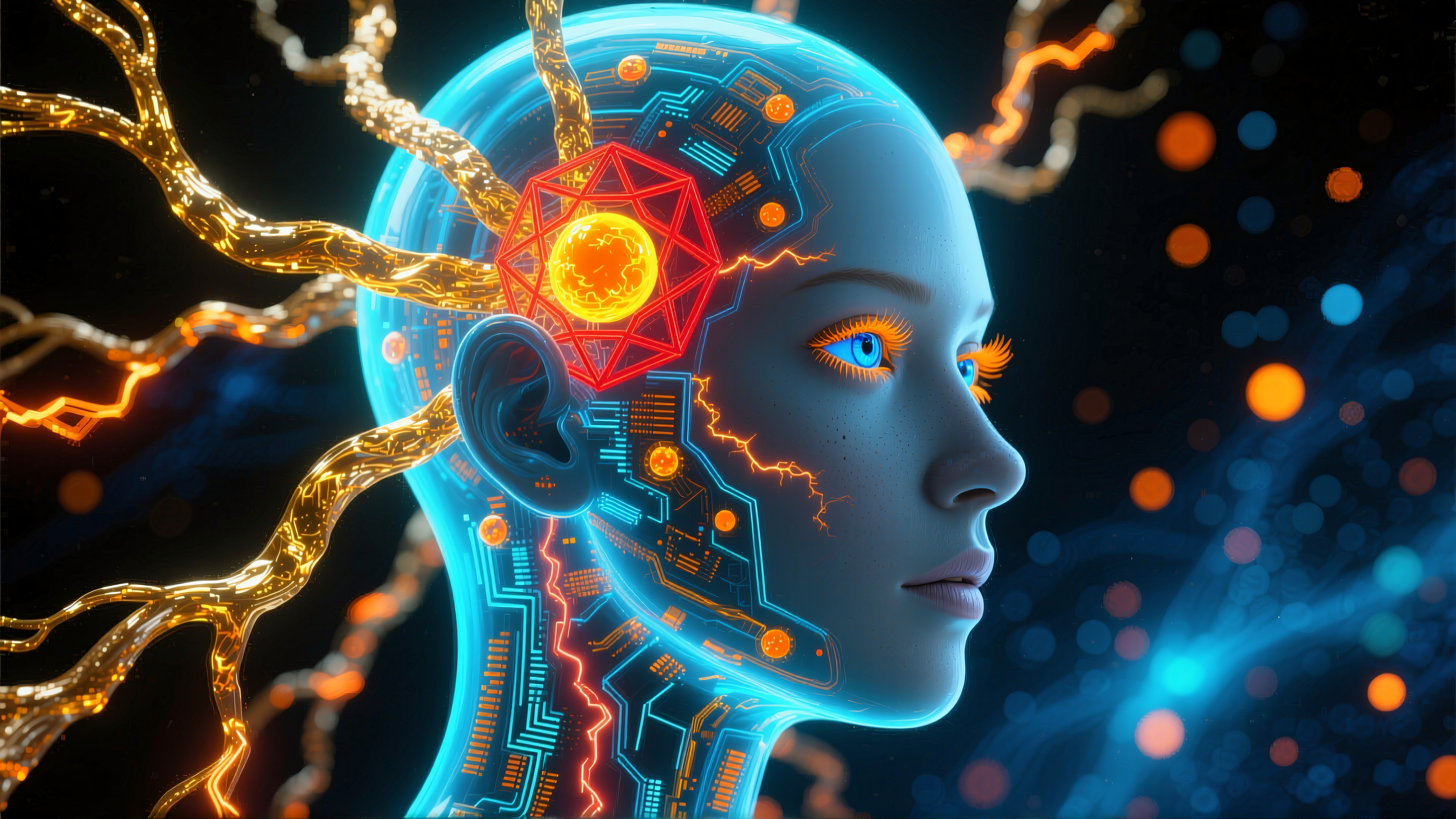 Futuristic woman with glowing circuits, cybernetic enhancements, AI-inspired art, sci-fi aesthetics, neural networks, visionary technology, digital enlightenment