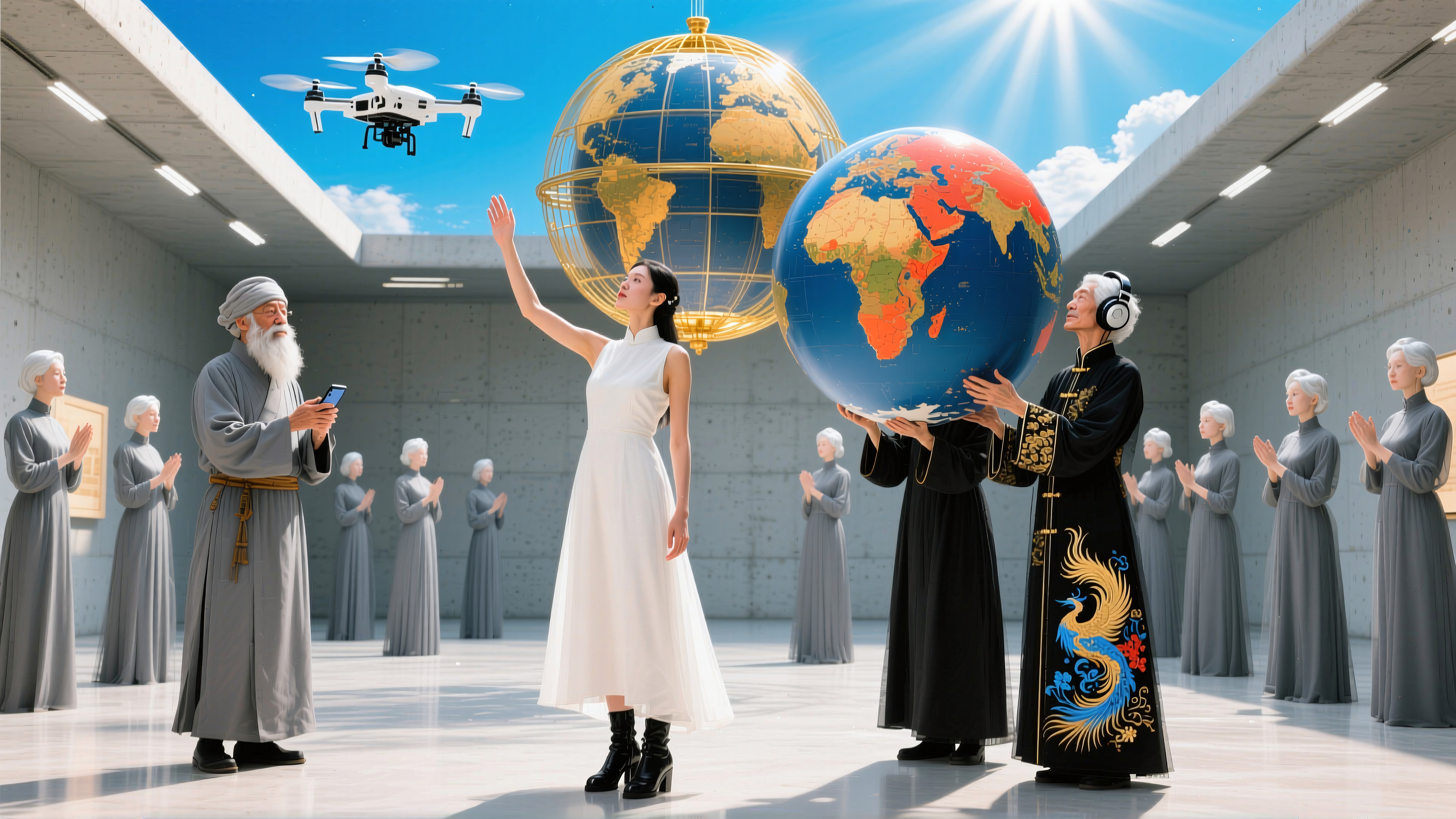 An eclectic blend of technology and tradition in a futuristic gathering featuring drones and a globe.