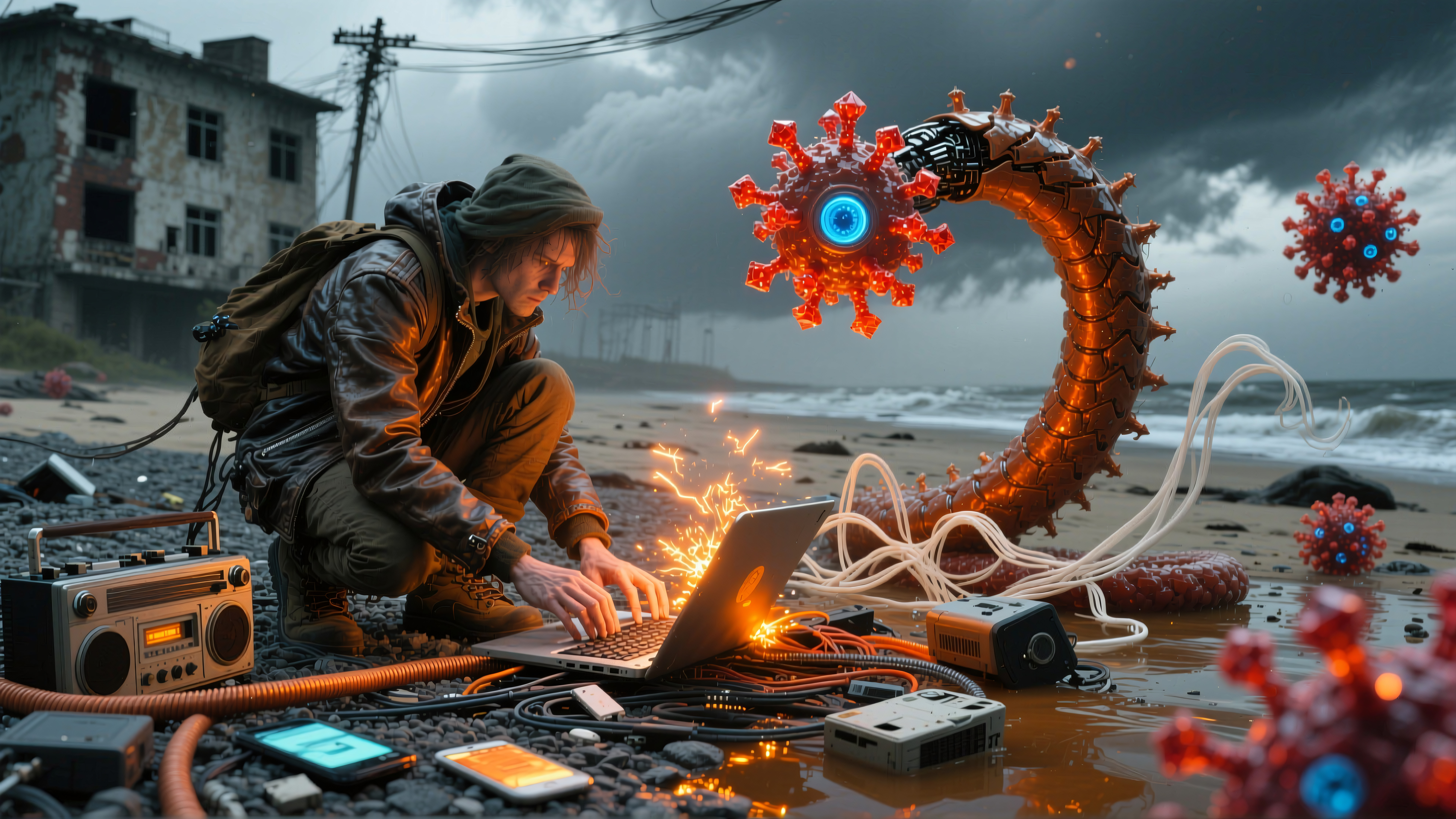 Post-Apocalyptic Tech Encounter on Coastal Beach