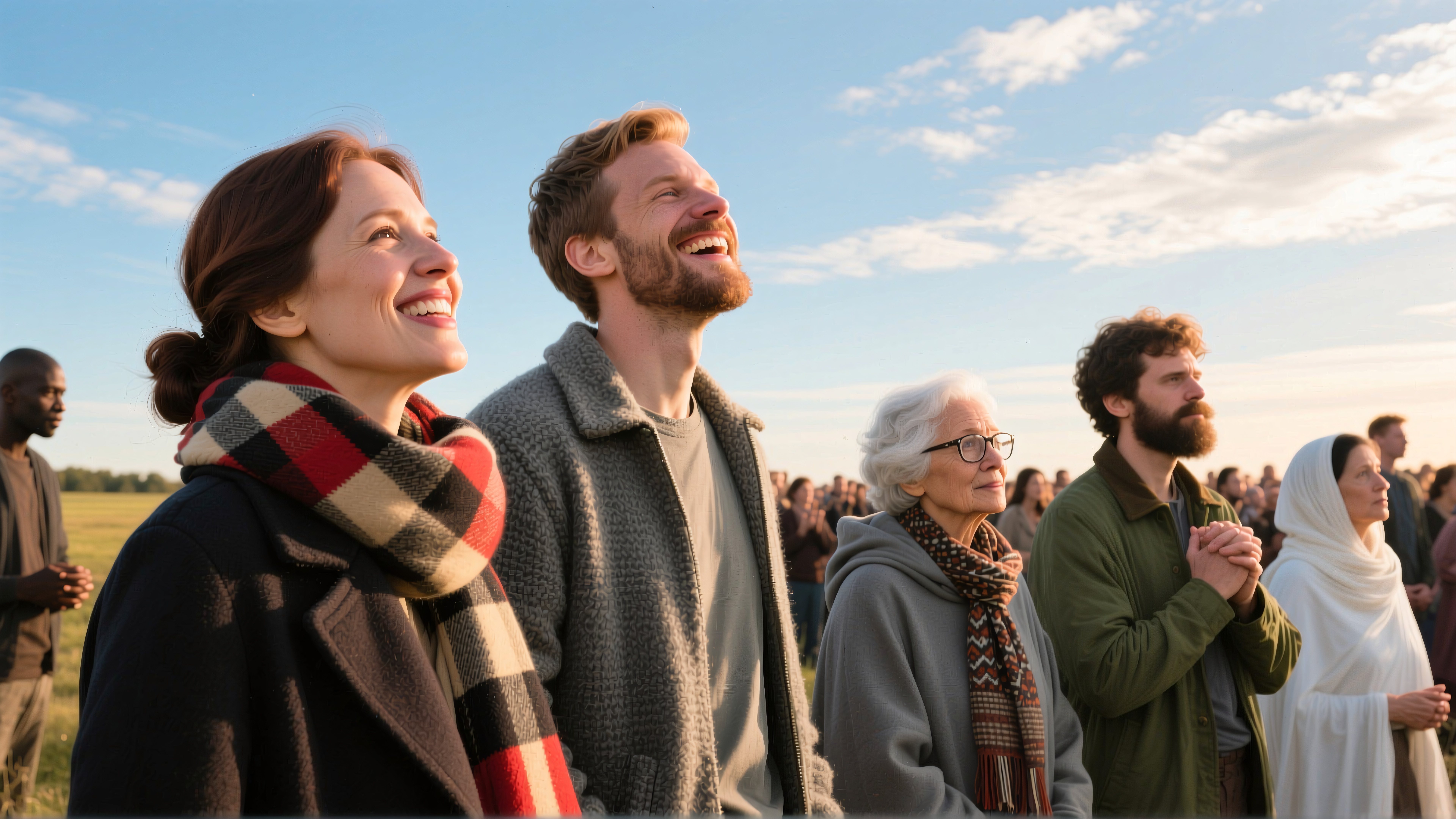 Diverse group of people gather outdoors, looking upwards joyfully under a cloudy sky.