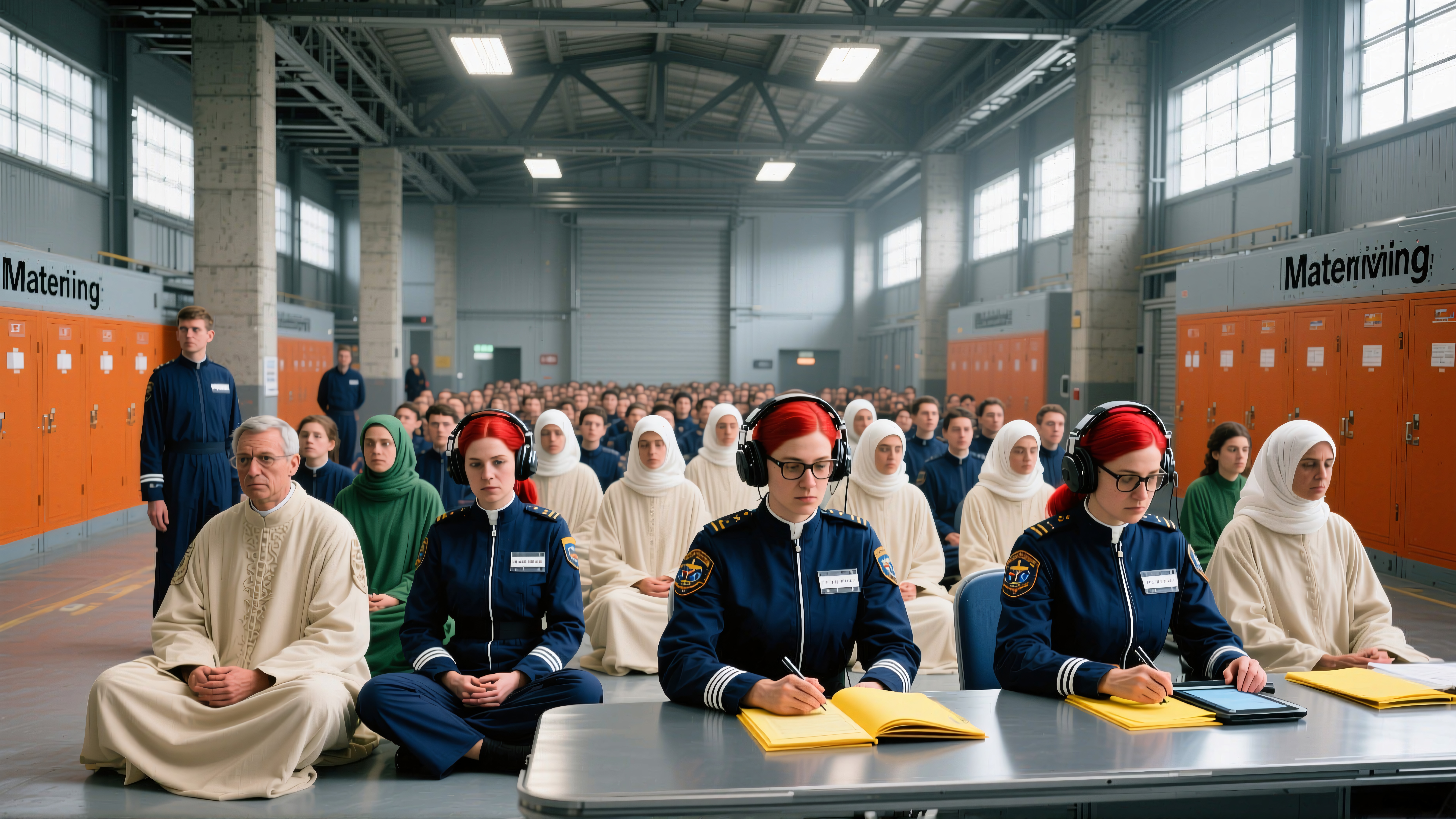 A large group sits attentively in an industrial room with orange lockers, focused on individuals with notebooks and headphones.