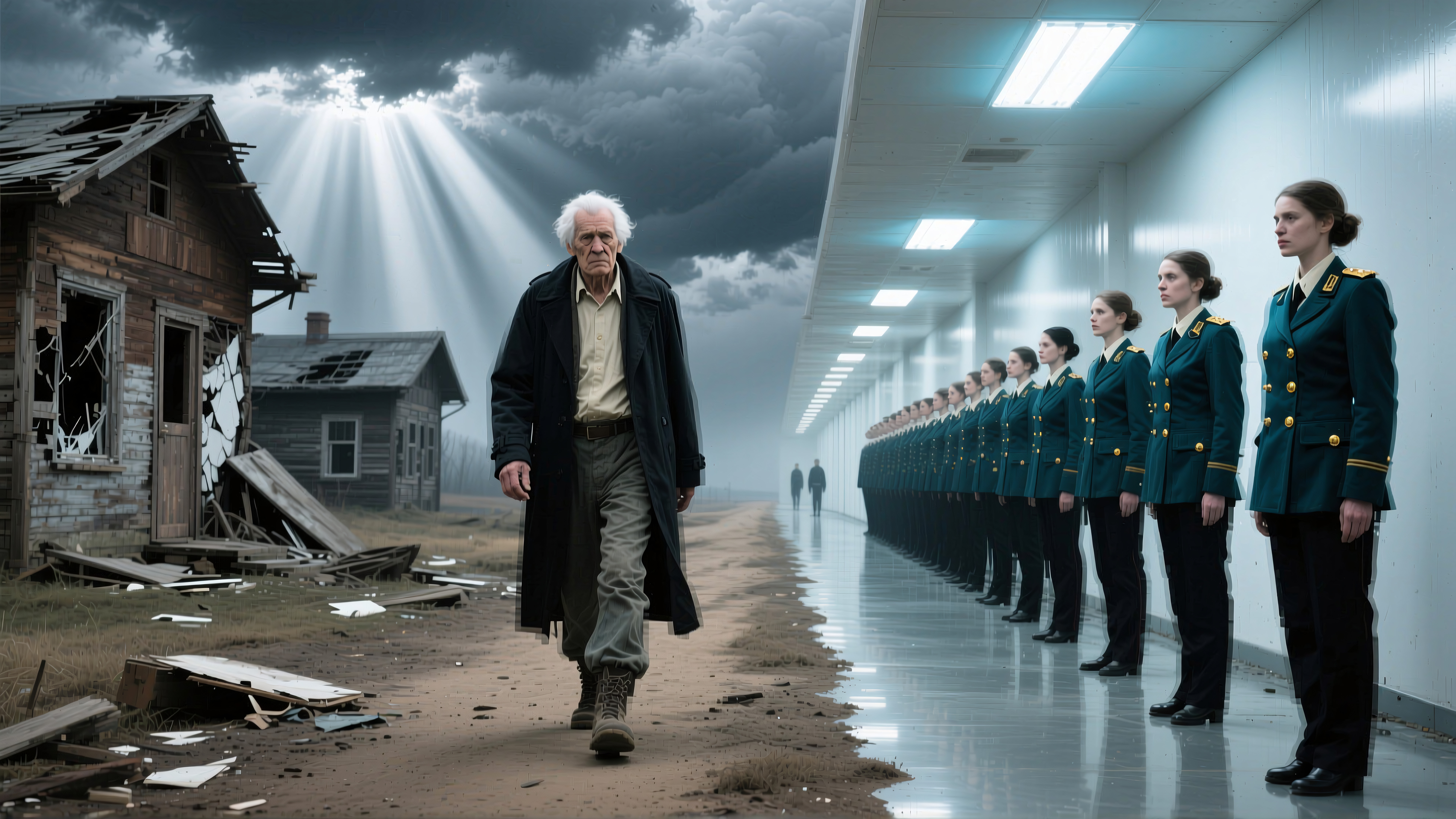 Man walking between decay and order, with rays of light breaking through dark clouds above.