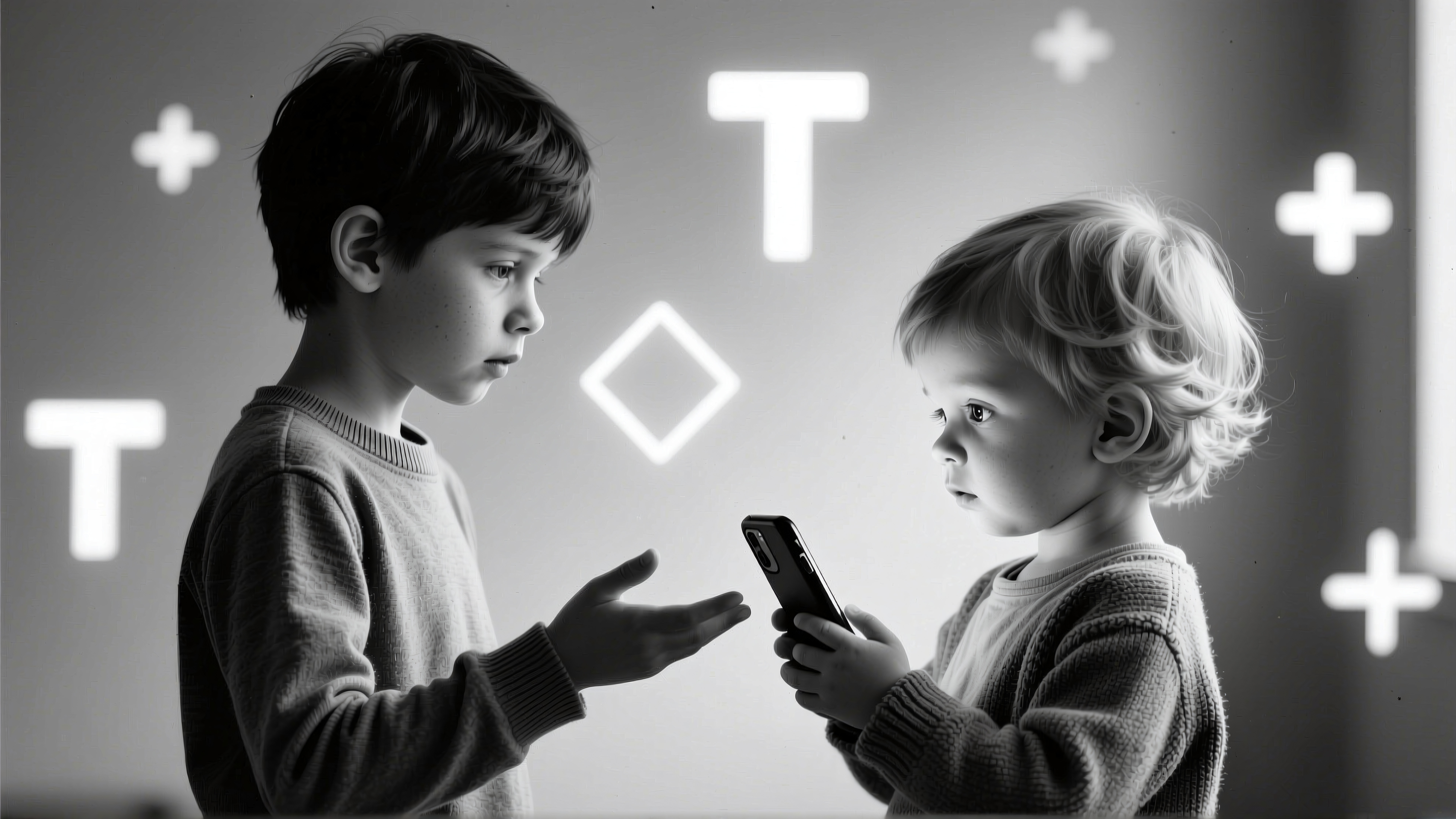 Two children interacting with a smartphone, surrounded by glowing geometric shapes, in a monochrome setting.