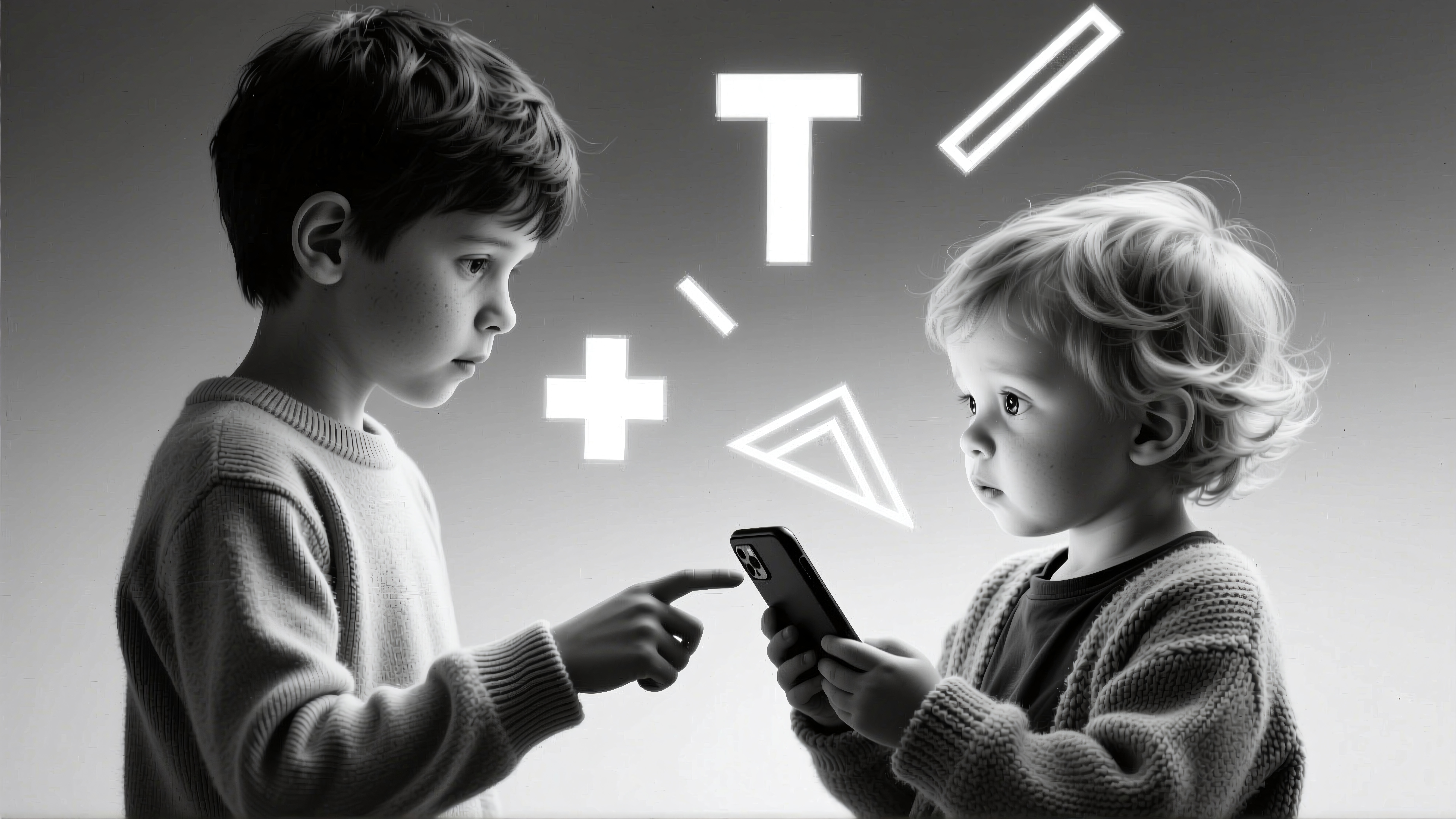 Two children in sweaters interact with a smartphone under floating digital symbols, showcasing a modern learning experience.
