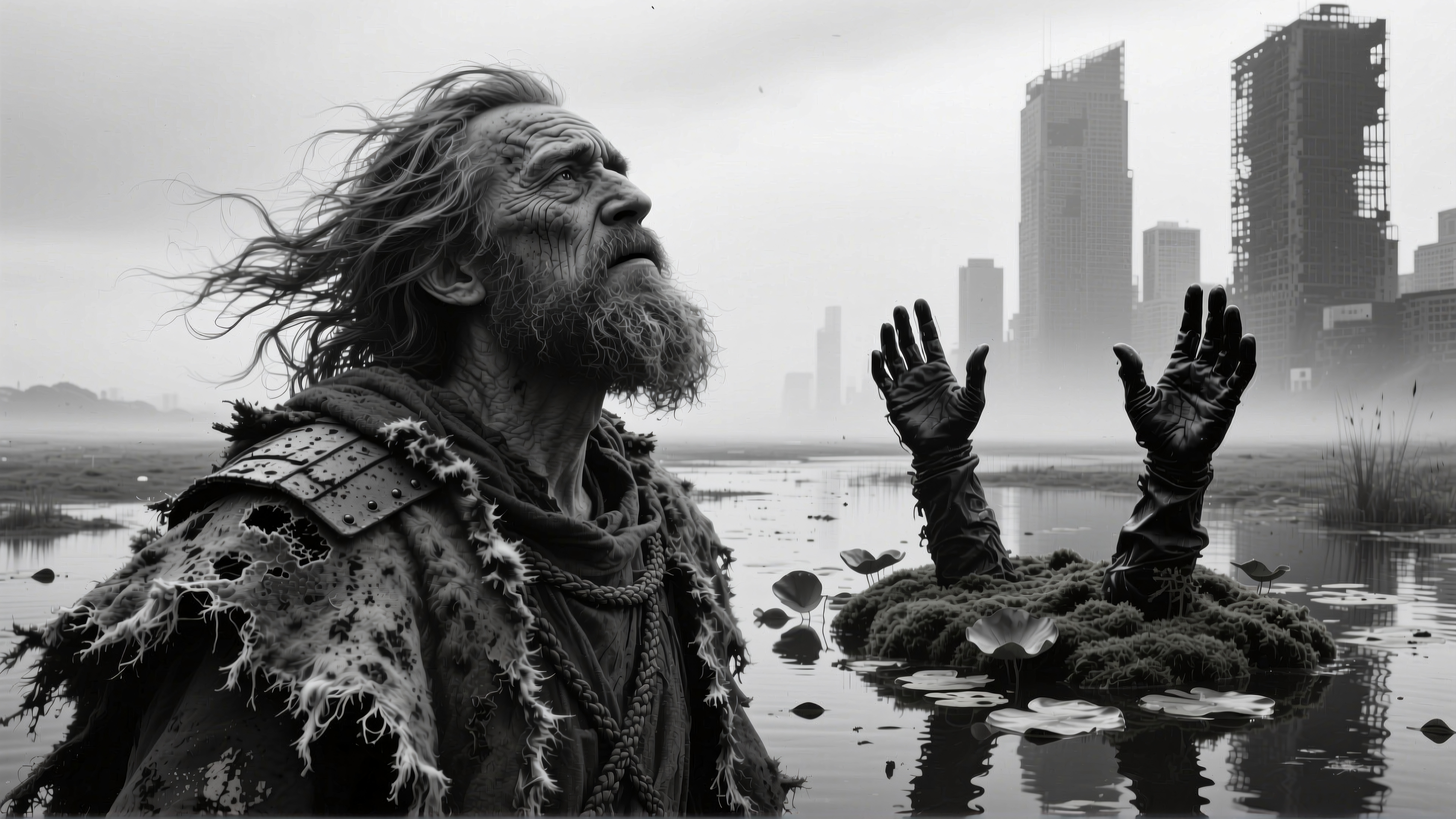 A bearded man in medieval attire stands contemplatively in water with reaching gloved hands, set against a foggy urban skyline, creating a dystopian atmosphere.