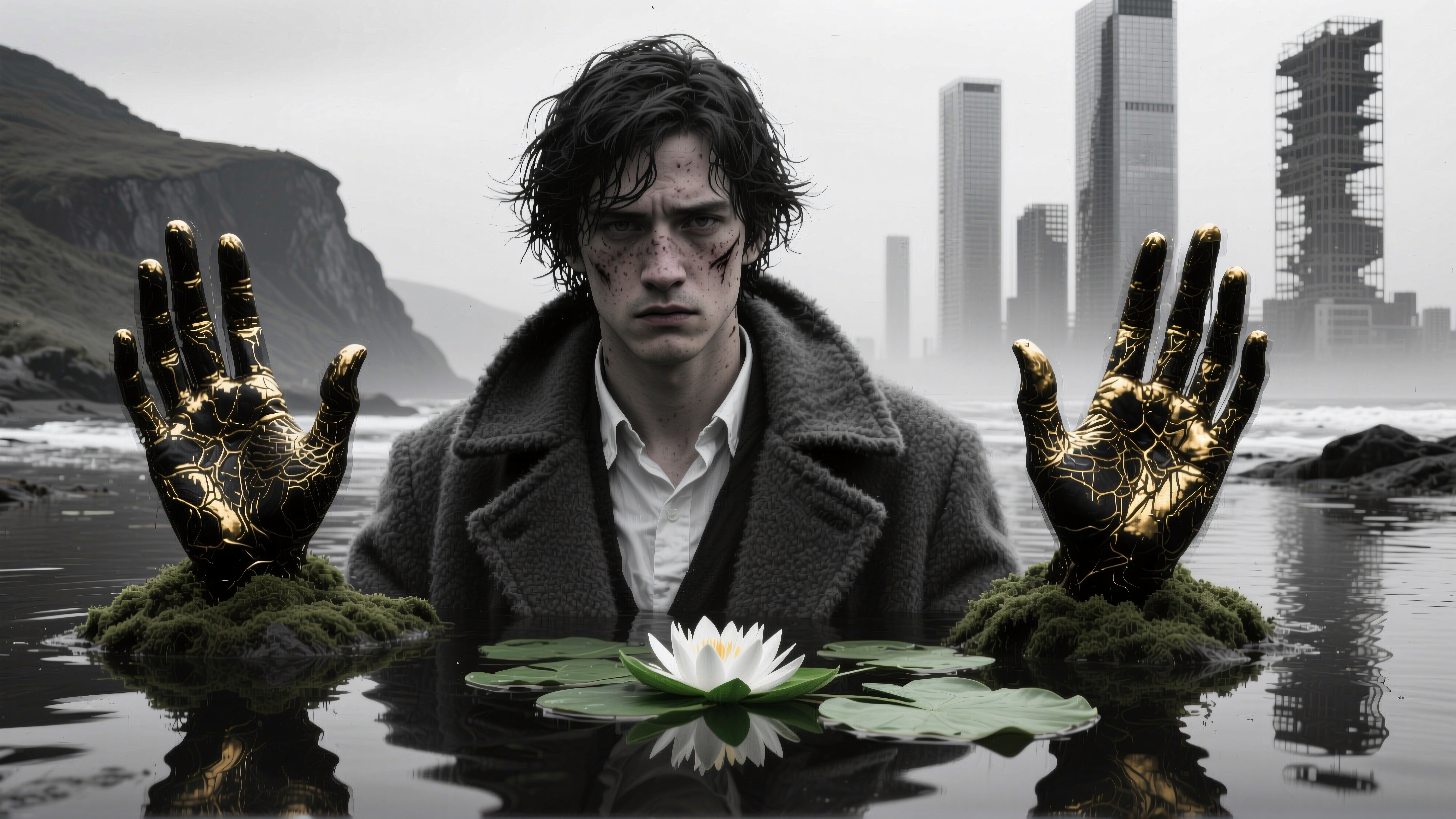 Man with Golden Cracked Hands Emerging from Water Near Urban Cli