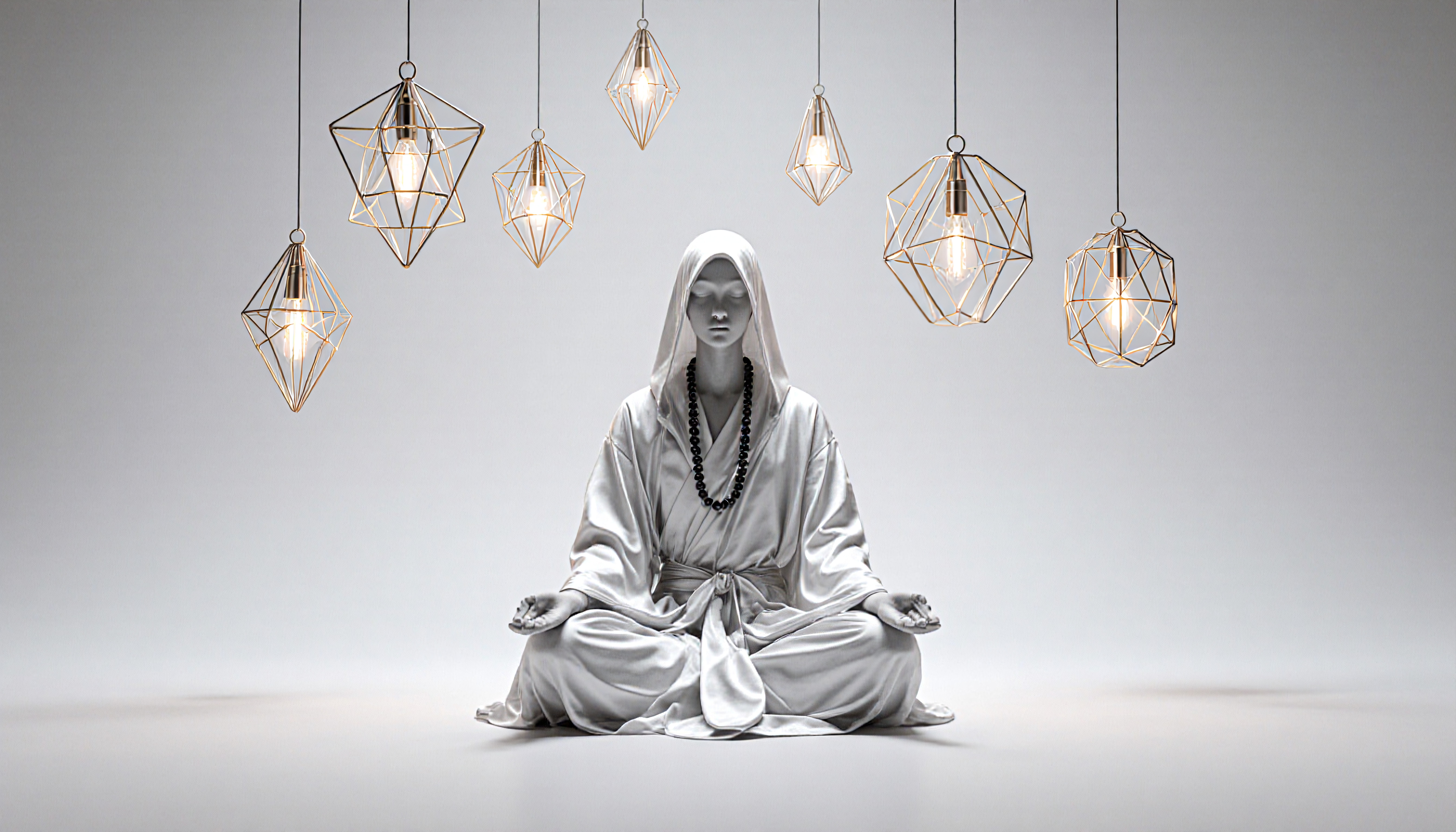 Meditation pose in white robe with black beads, geometric hanging light fixtures, minimalistic background for mindfulness and spiritual practice