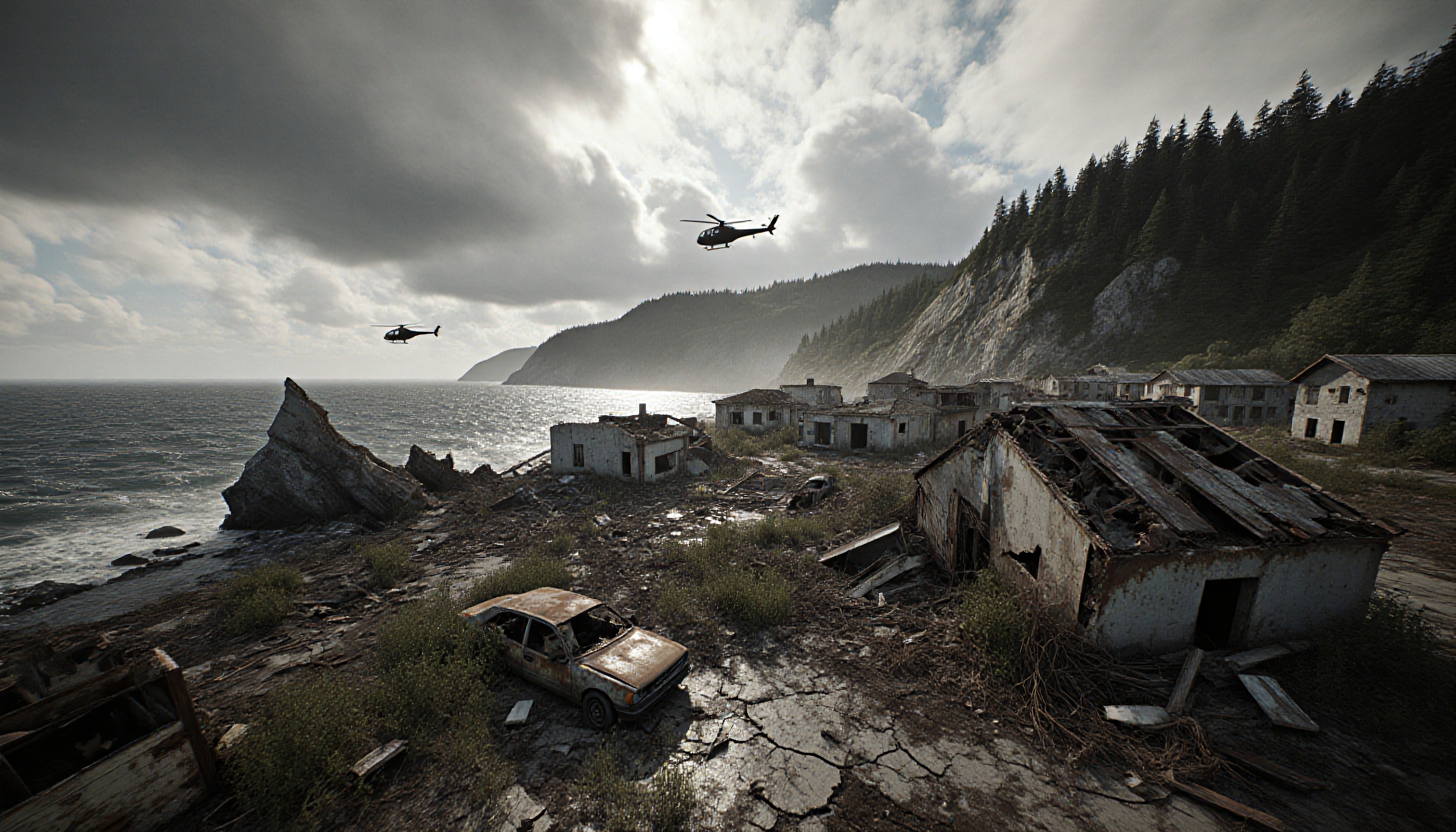 Abandoned coastal village with helicopters overhead, set against a dramatic ocean and forest backdrop.