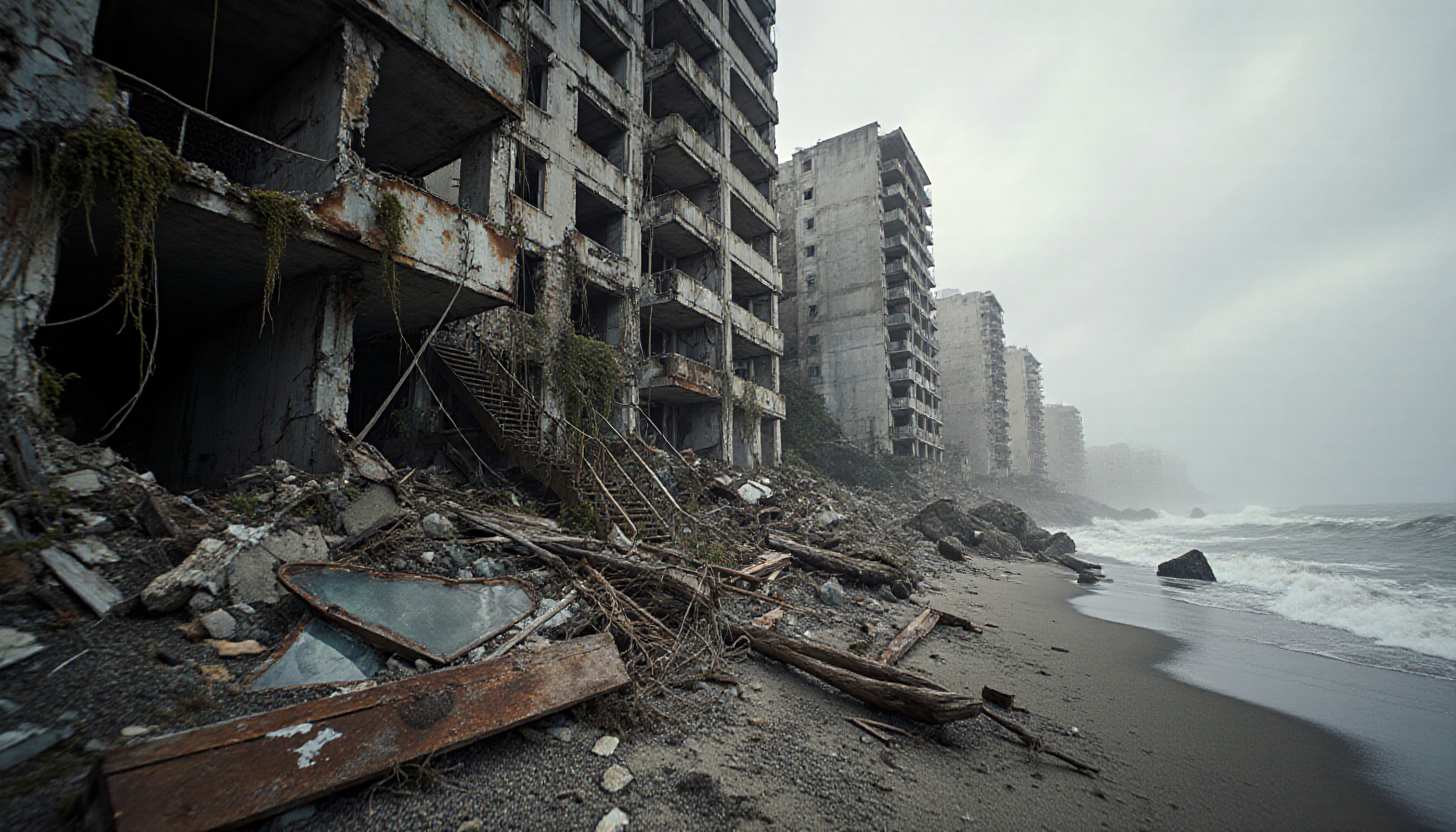 Abandoned, decaying buildings near beach with overcast sky.