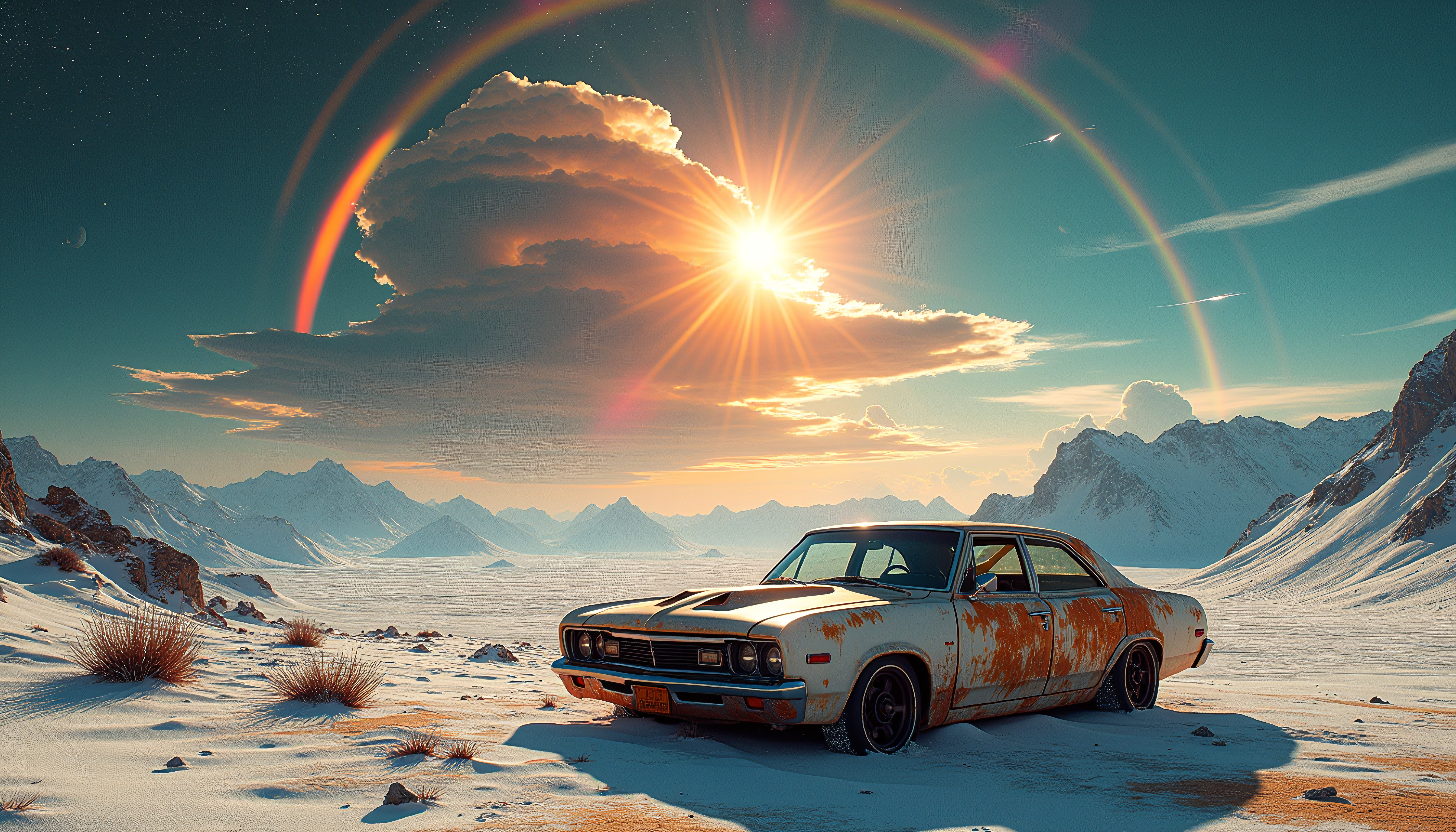 Rusty classic car in snowy mountain landscape with sunrise and rainbows