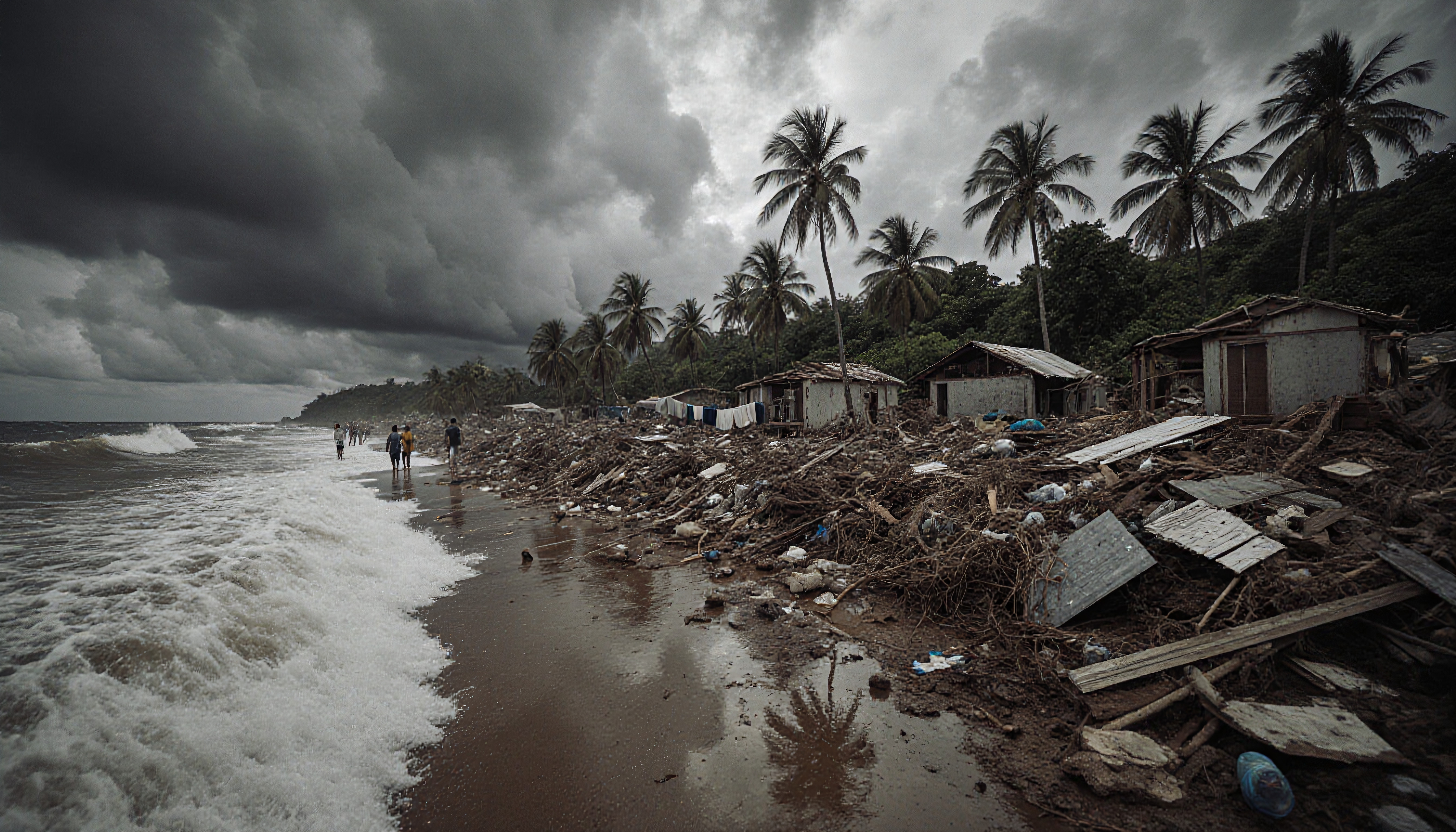 Beach with debris after storm impact.