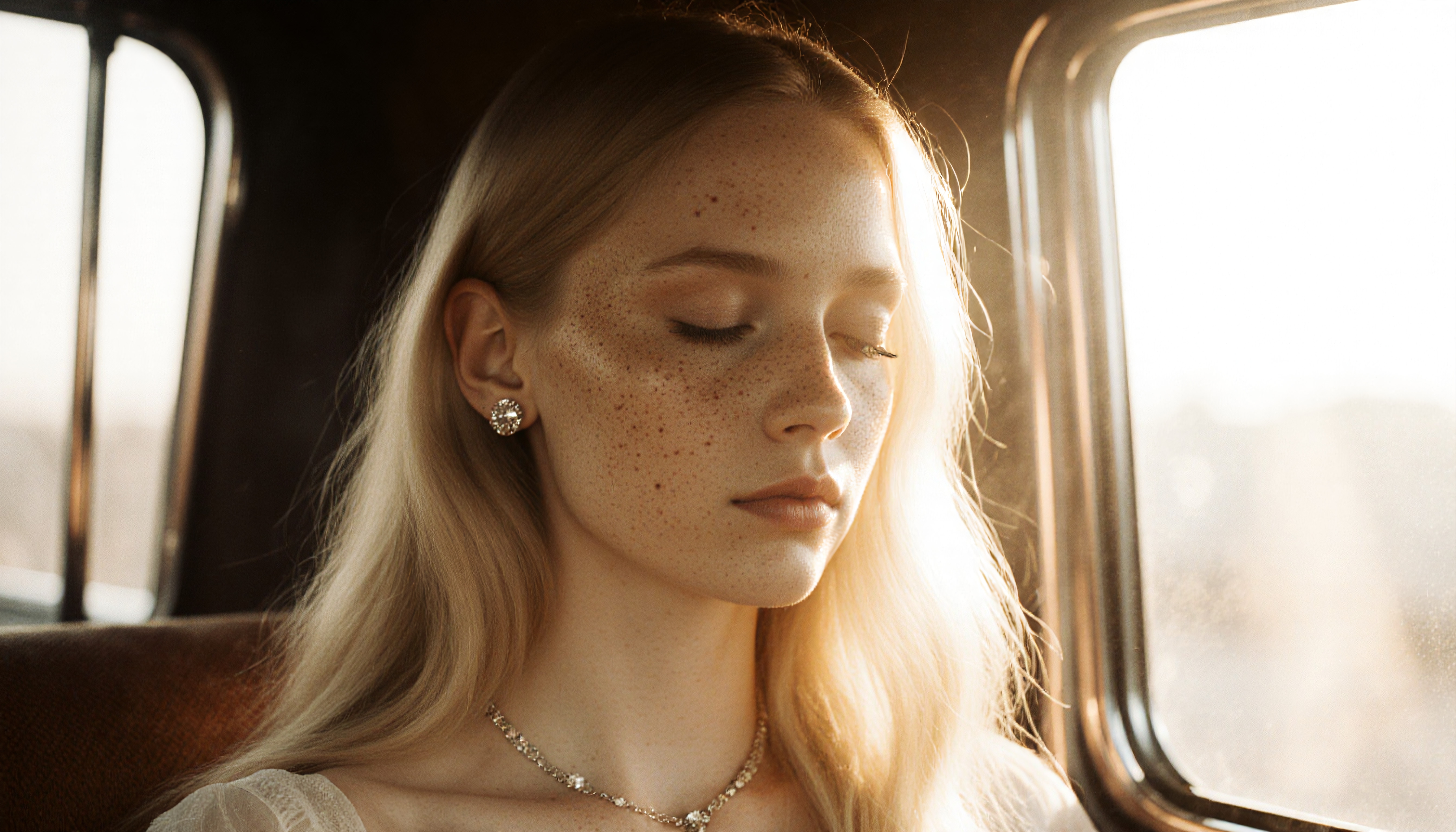 A serene young woman with freckles and closed eyes, adorned with pearl jewelry, sits in a sunlit vintage car interior, exuding timeless beauty and tranquility.