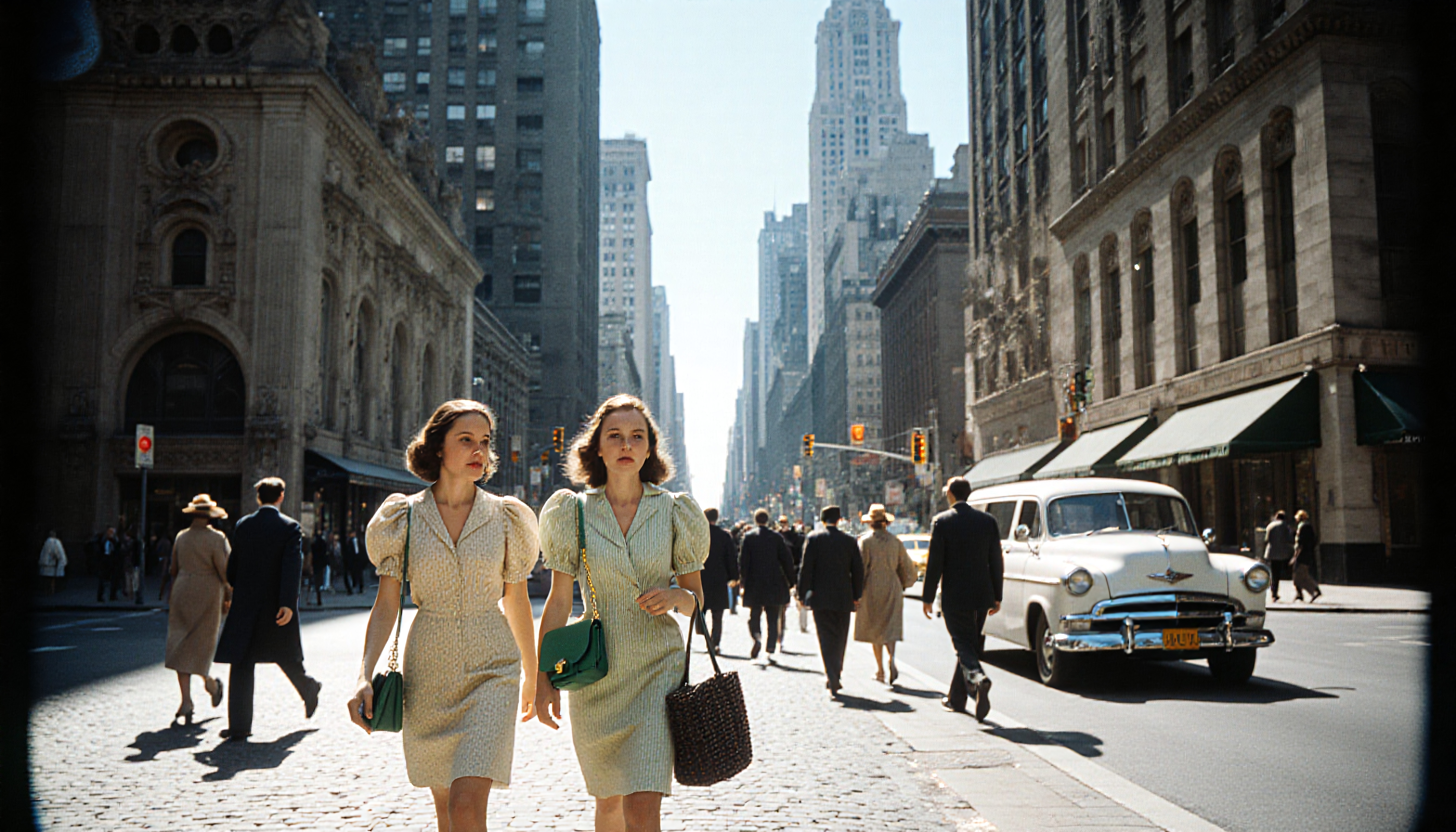 Two women in vintage dresses walk through a bustling urban street, surrounded by classic cars and mid-century architecture.