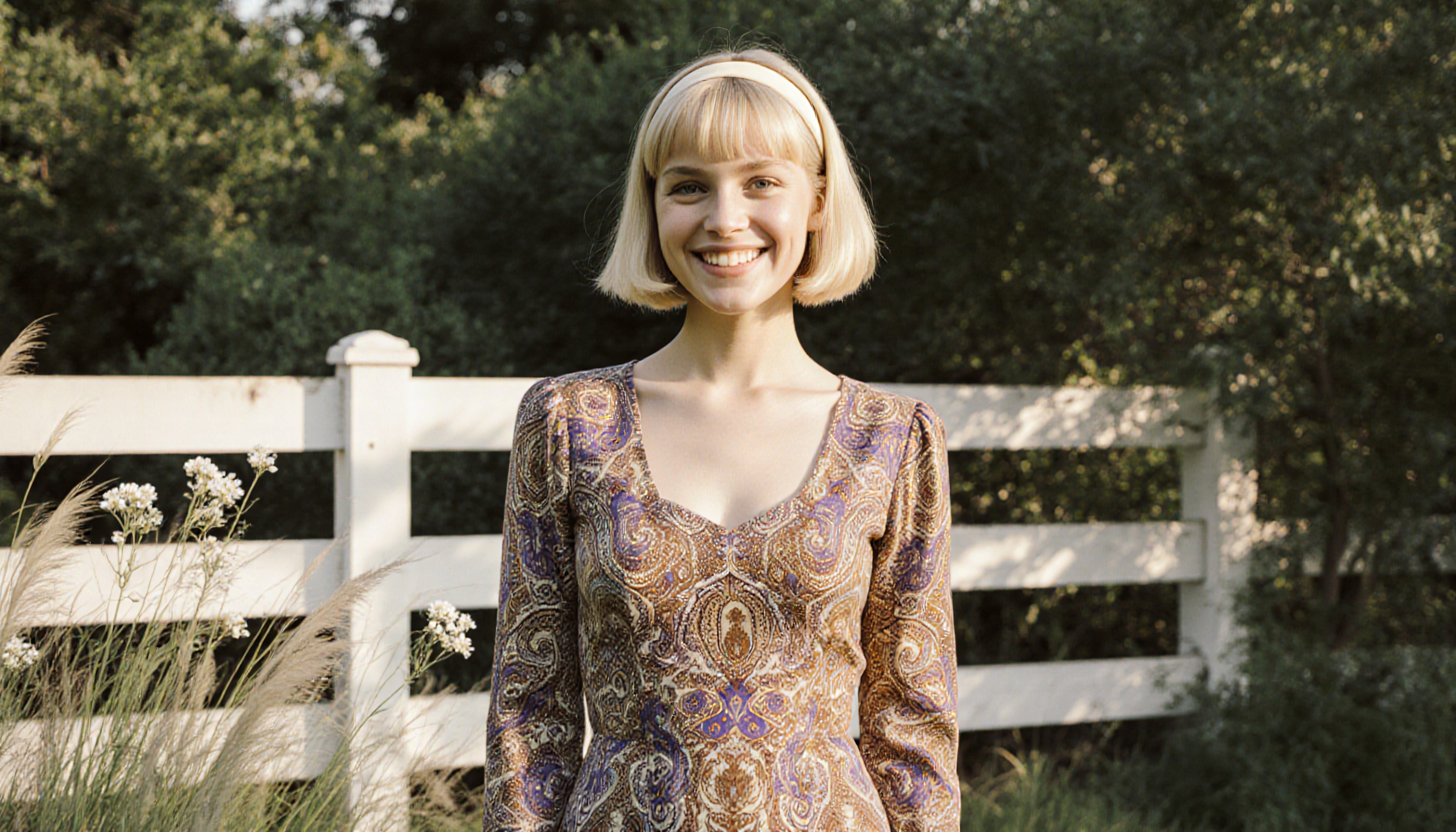 Smiling woman with short blonde hair wearing a patterned dress stands in front of a white fence surrounded by greenery and flowers.