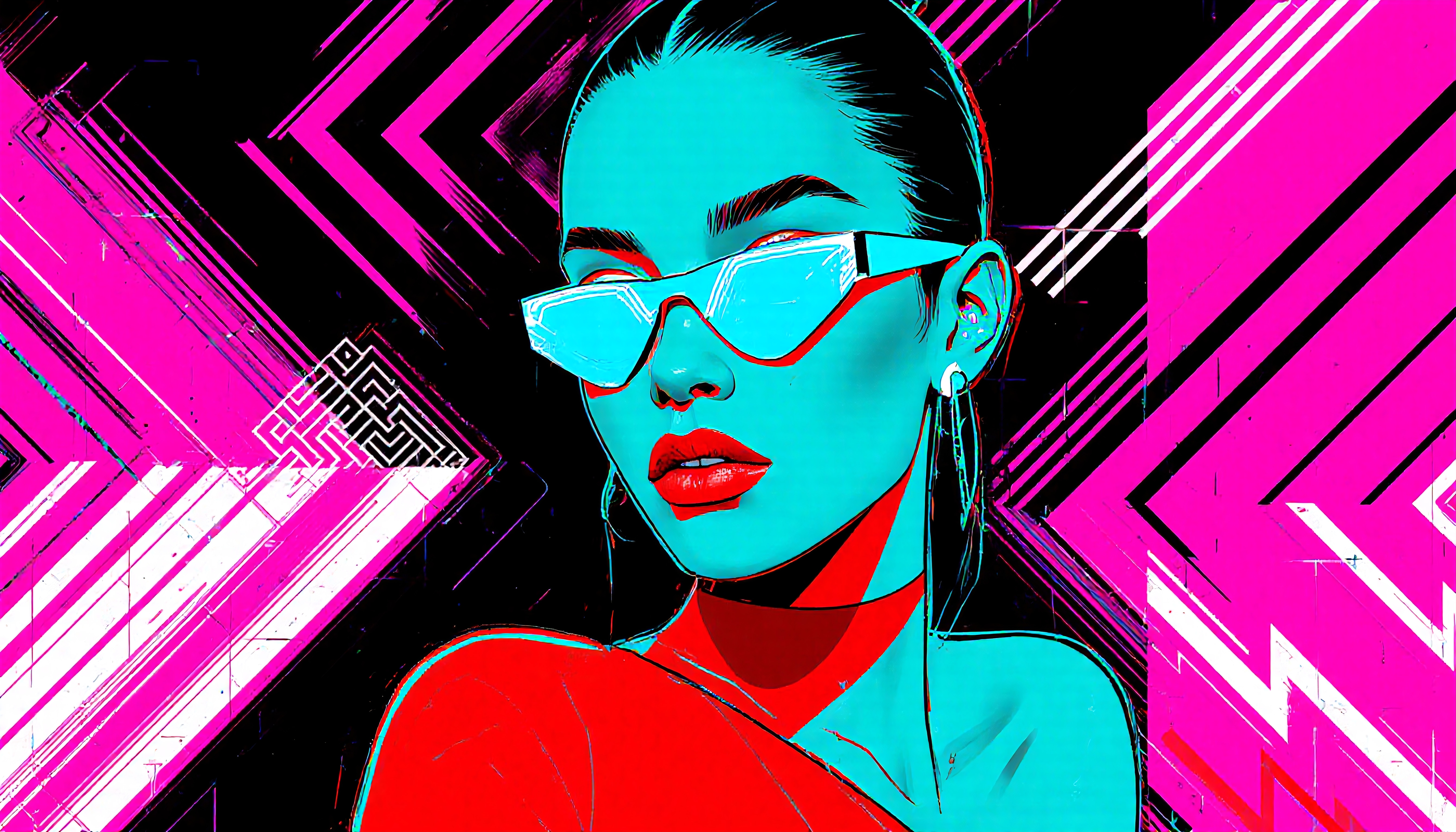 Futuristic pop art portrait of a woman with vibrant neon colors, featuring sunglasses and geometric background.