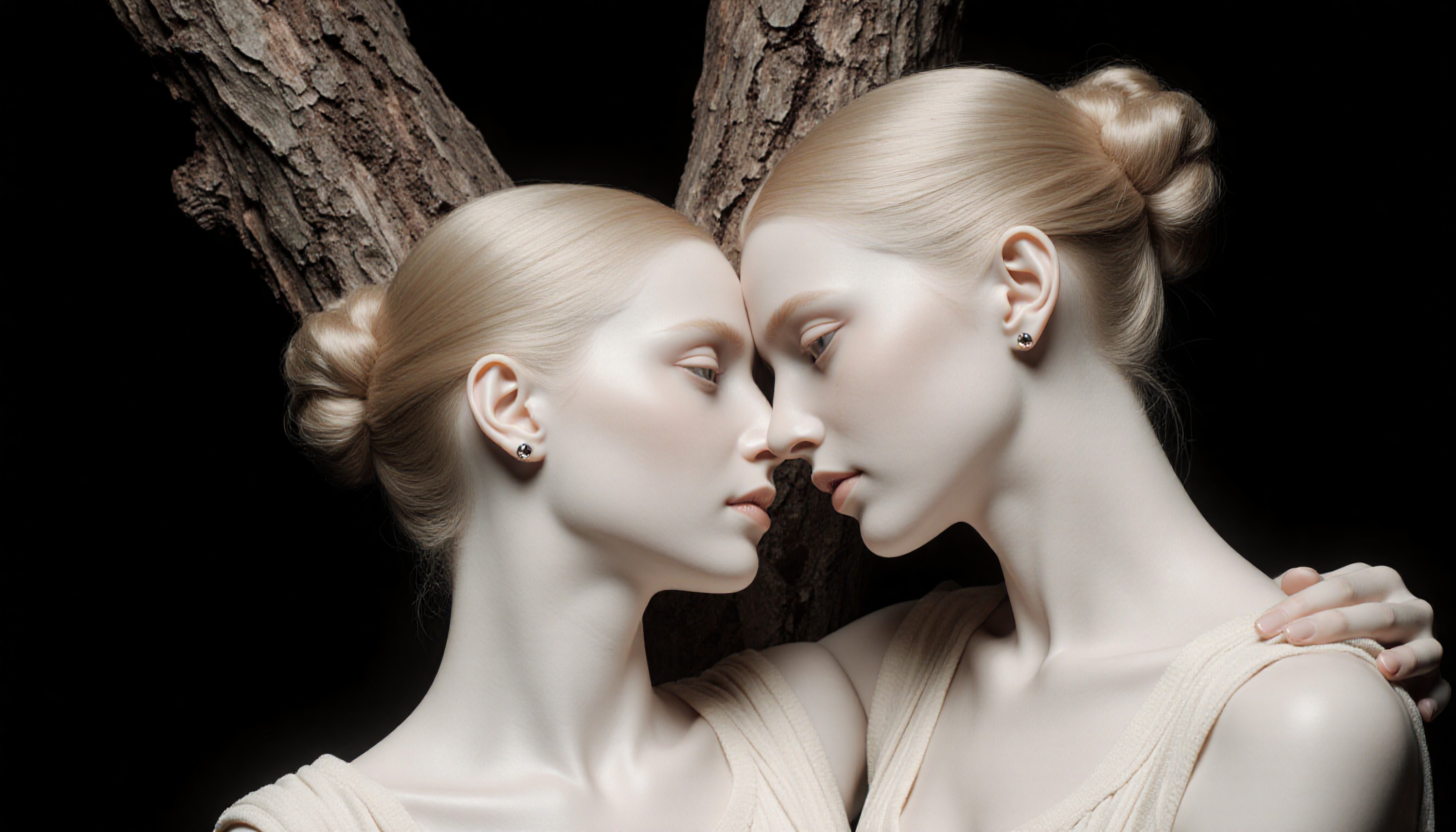 Two women facing each other, elegance, minimalism, tree bark background, serene mood.