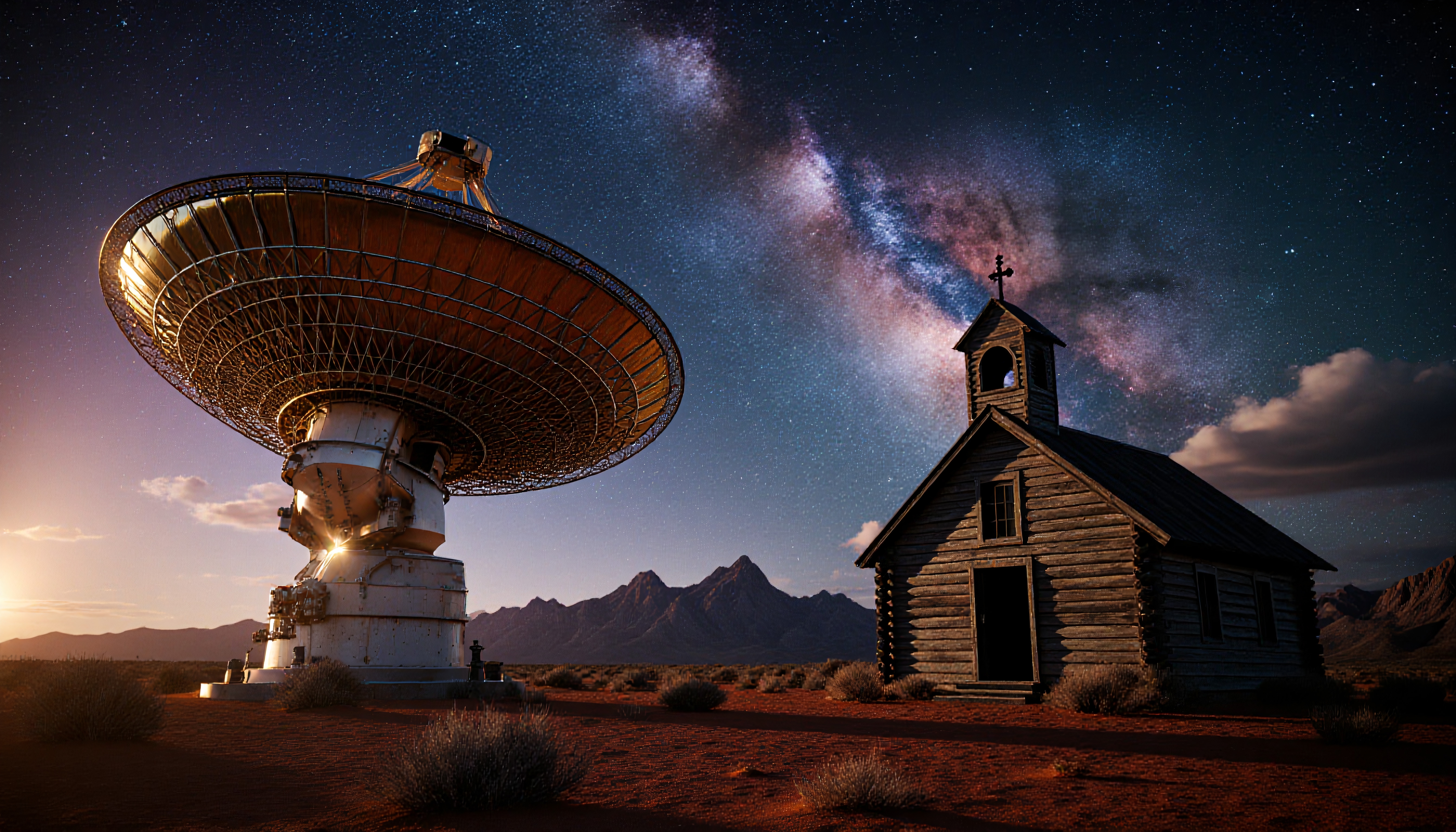 A radio telescope beside a chapel under the Milky Way.