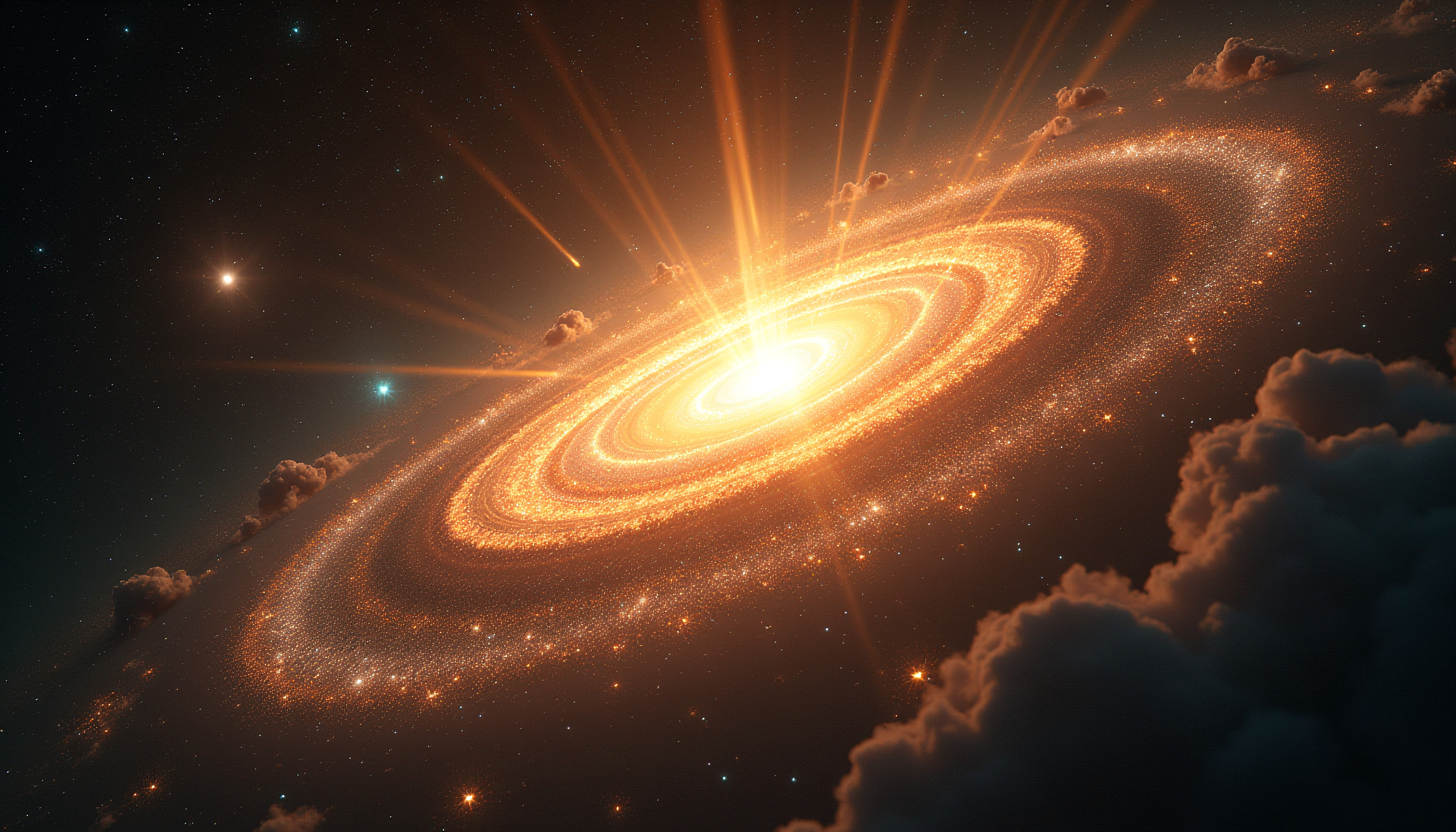 Stunning spiral galaxy with radiant golden core, swirling star arms, and cosmic clouds in deep space background.