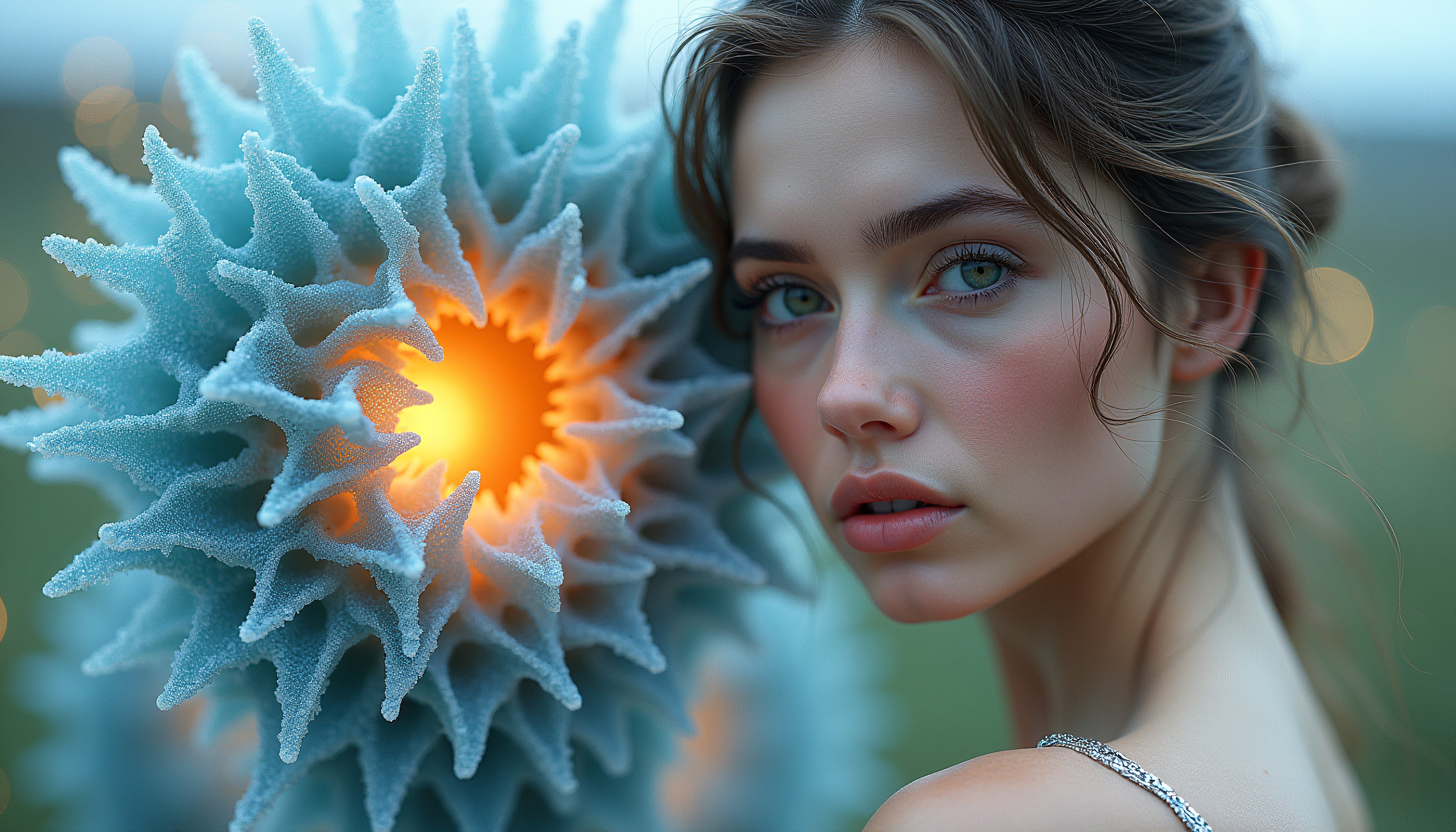 Portrait of woman with abstract glowing sculpture, ethereal scene, artistry.
