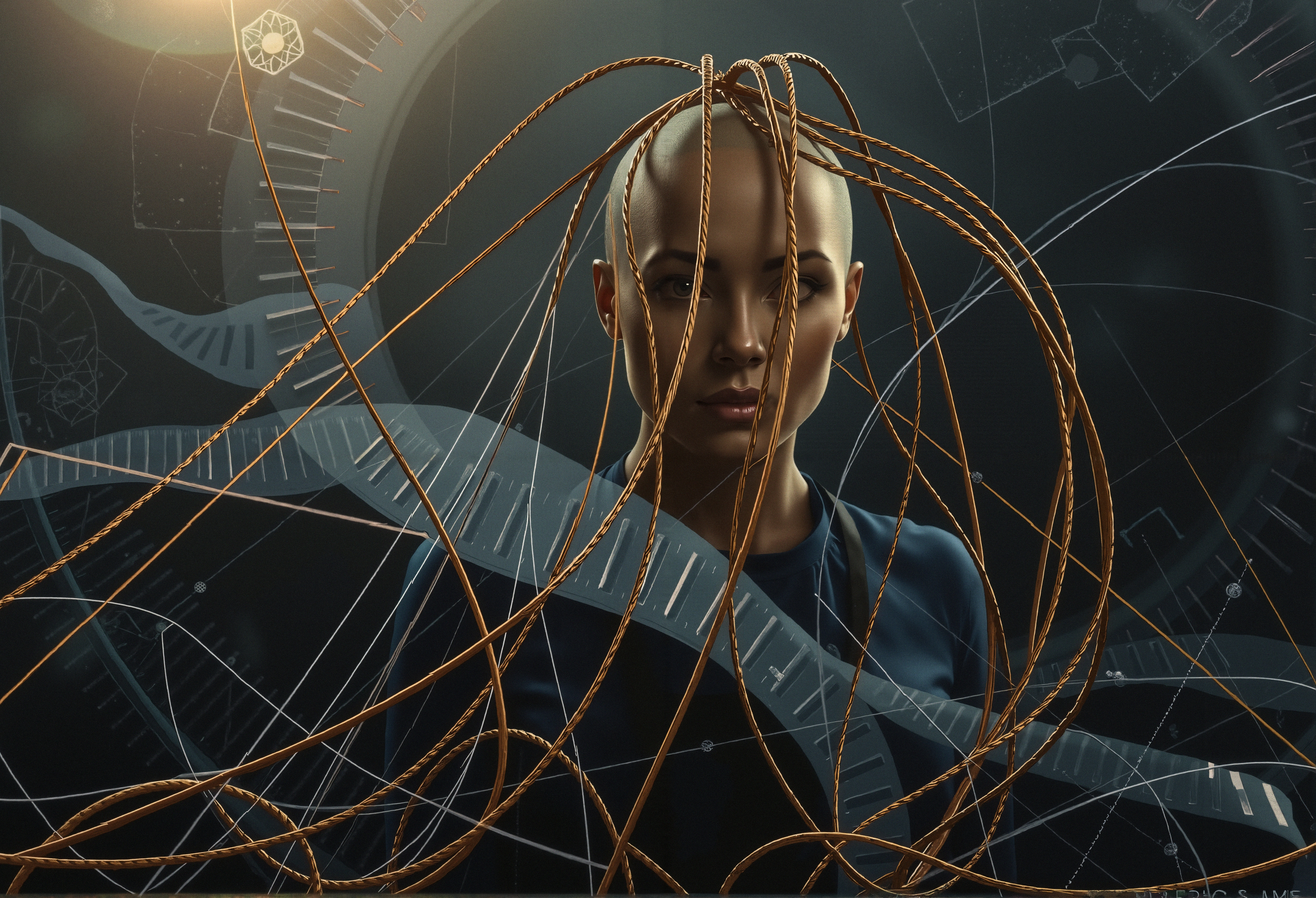Futuristic Person Surrounded by Copper Wires and DNA Helix Eleme