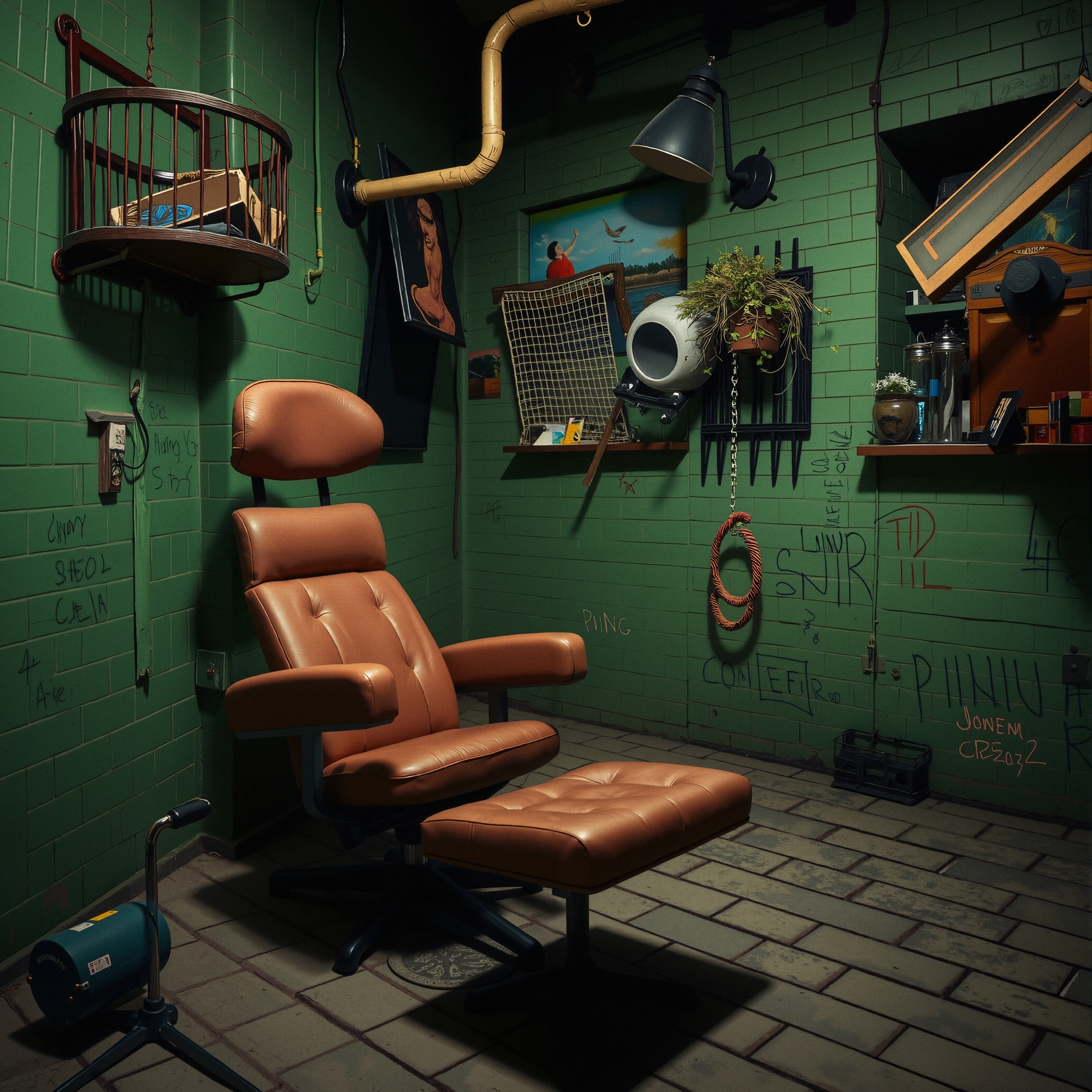 A dimly lit room with green tiled walls, featuring a vintage leather recliner, eclectic wall art, and industrial elements, creating a unique and creative ambiance.