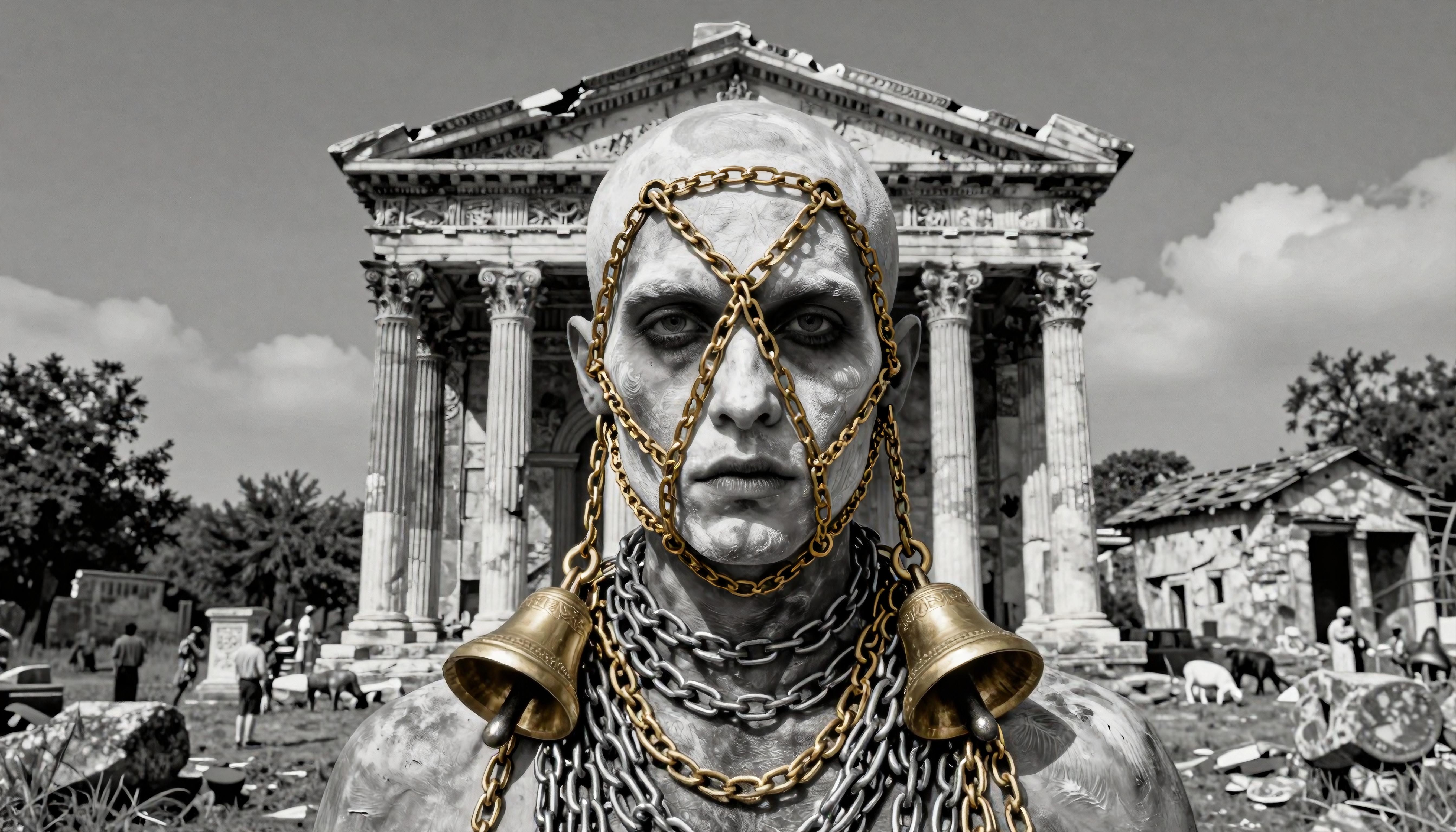 A stoic man in ornate chains stands before a grand ancient temple.