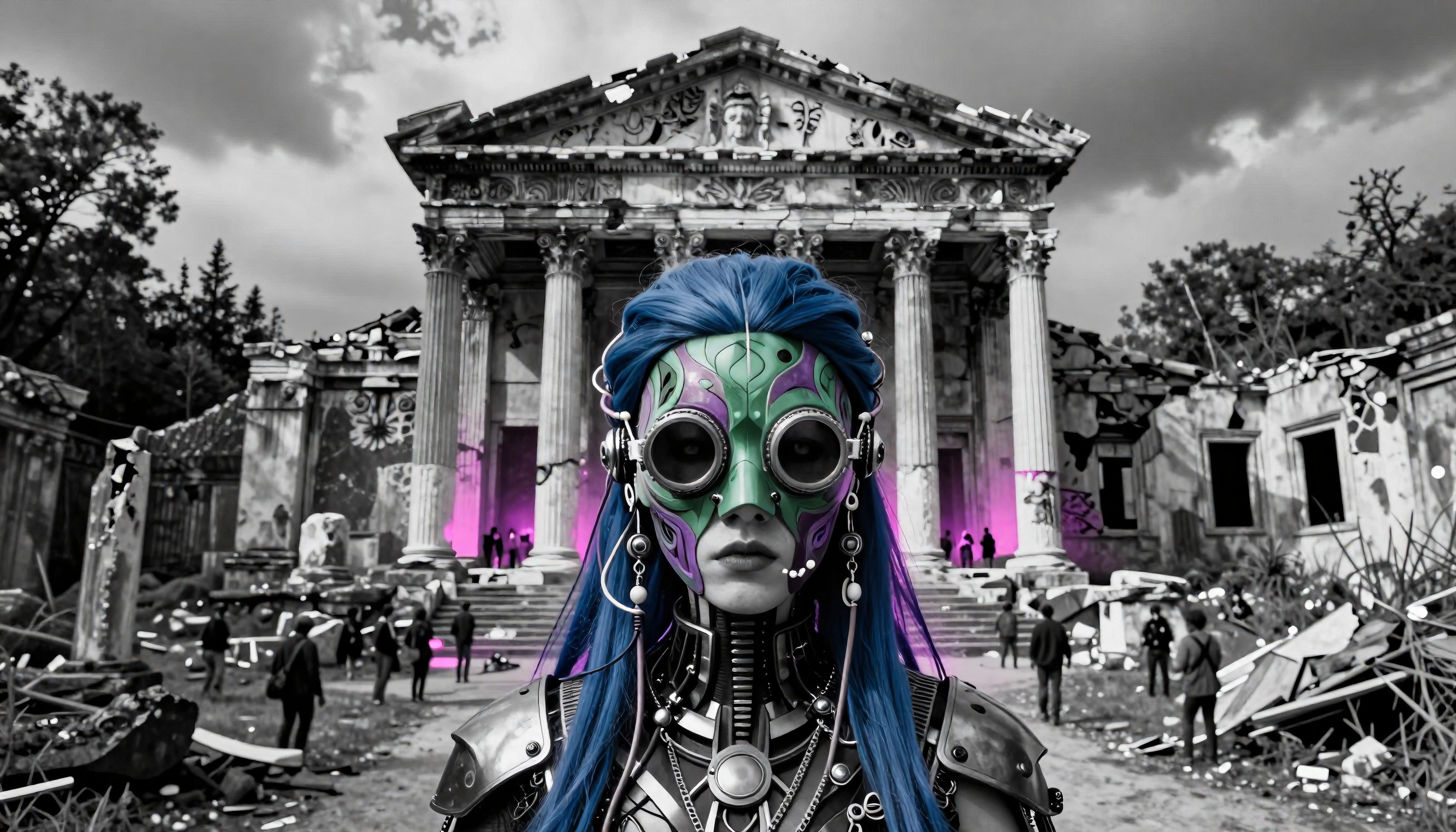 A cyberpunk figure with blue hair and goggles stands before an ancient temple ruin with purple lights highlighting the scene.