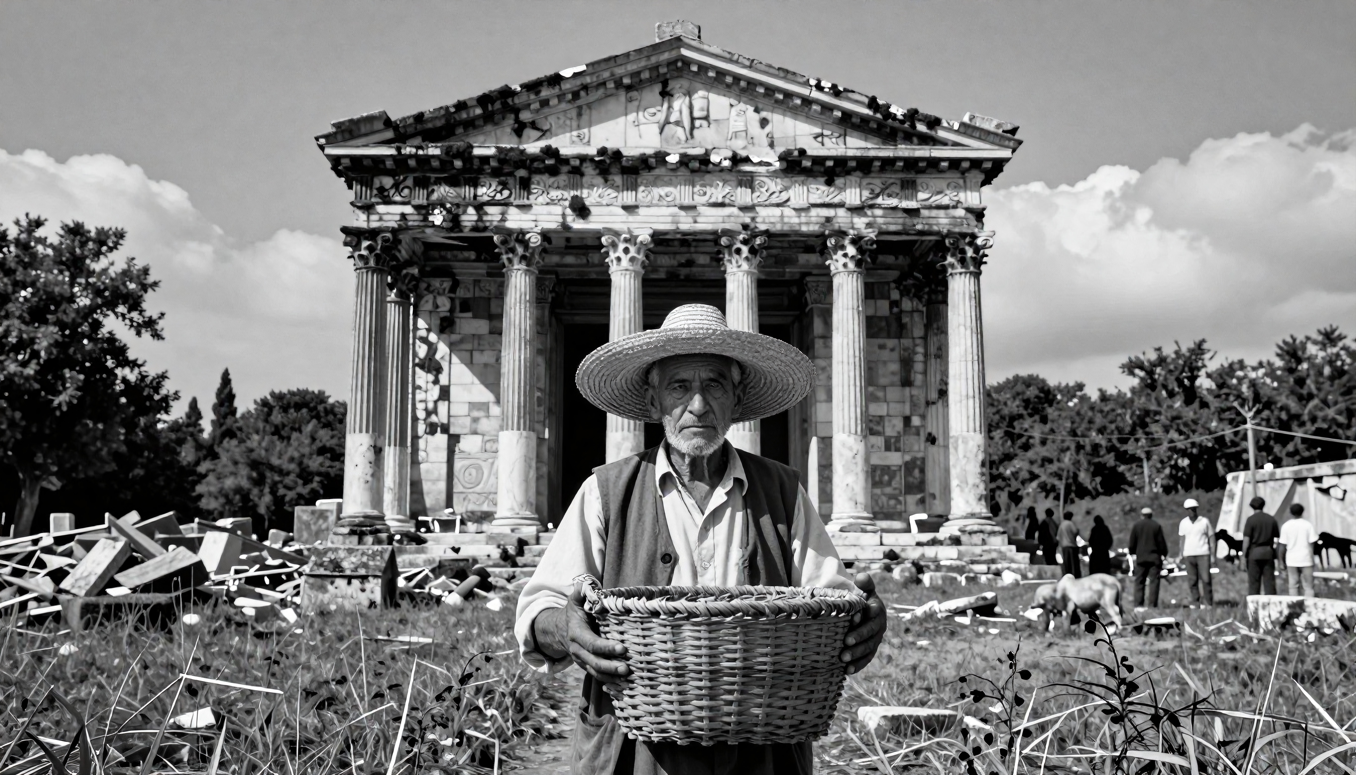 Elderly man with basket in front of ancient temple.
