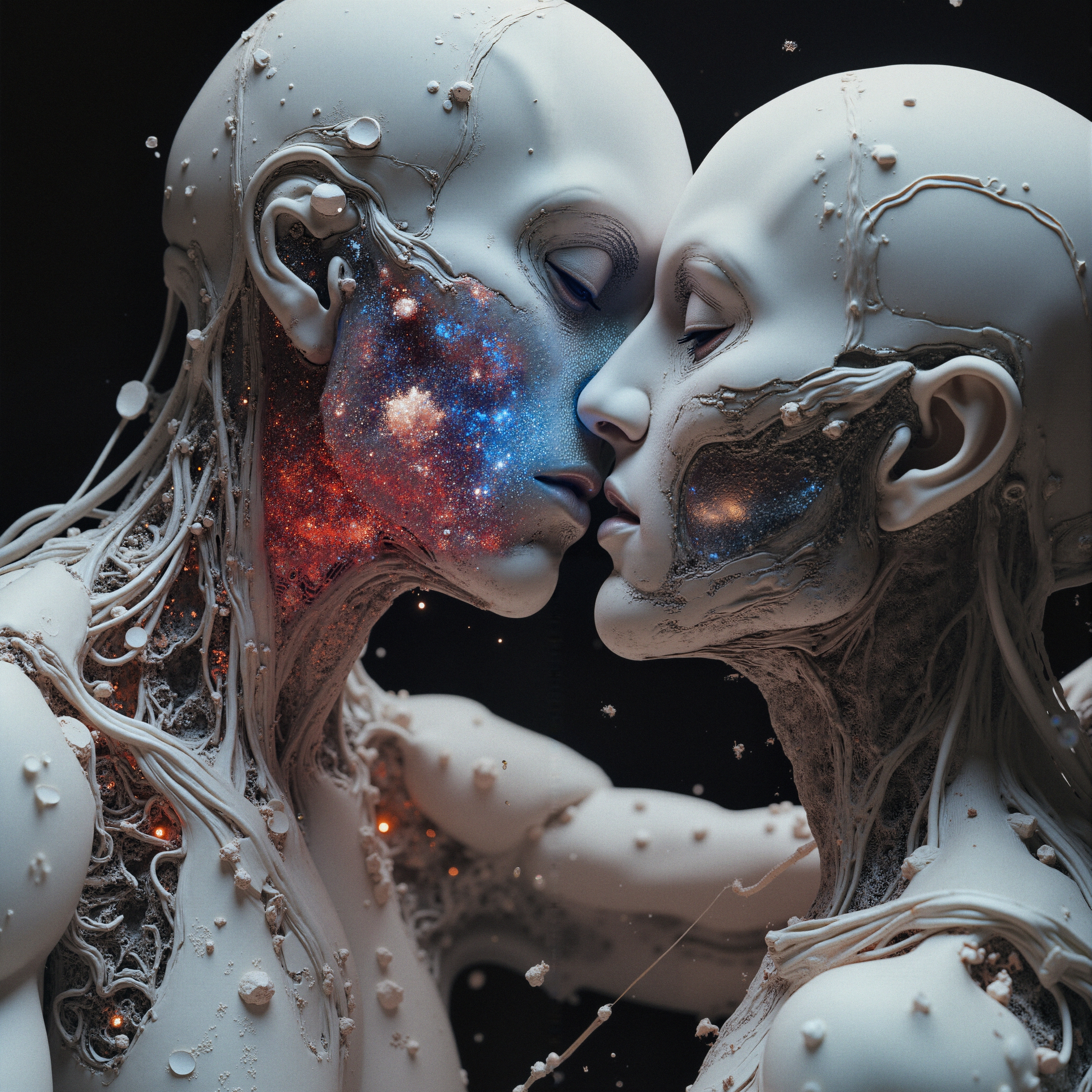 Two humanoid figures share a cosmic embrace, adorned with glowing nebulae-like patterns, in a surreal and futuristic setting.