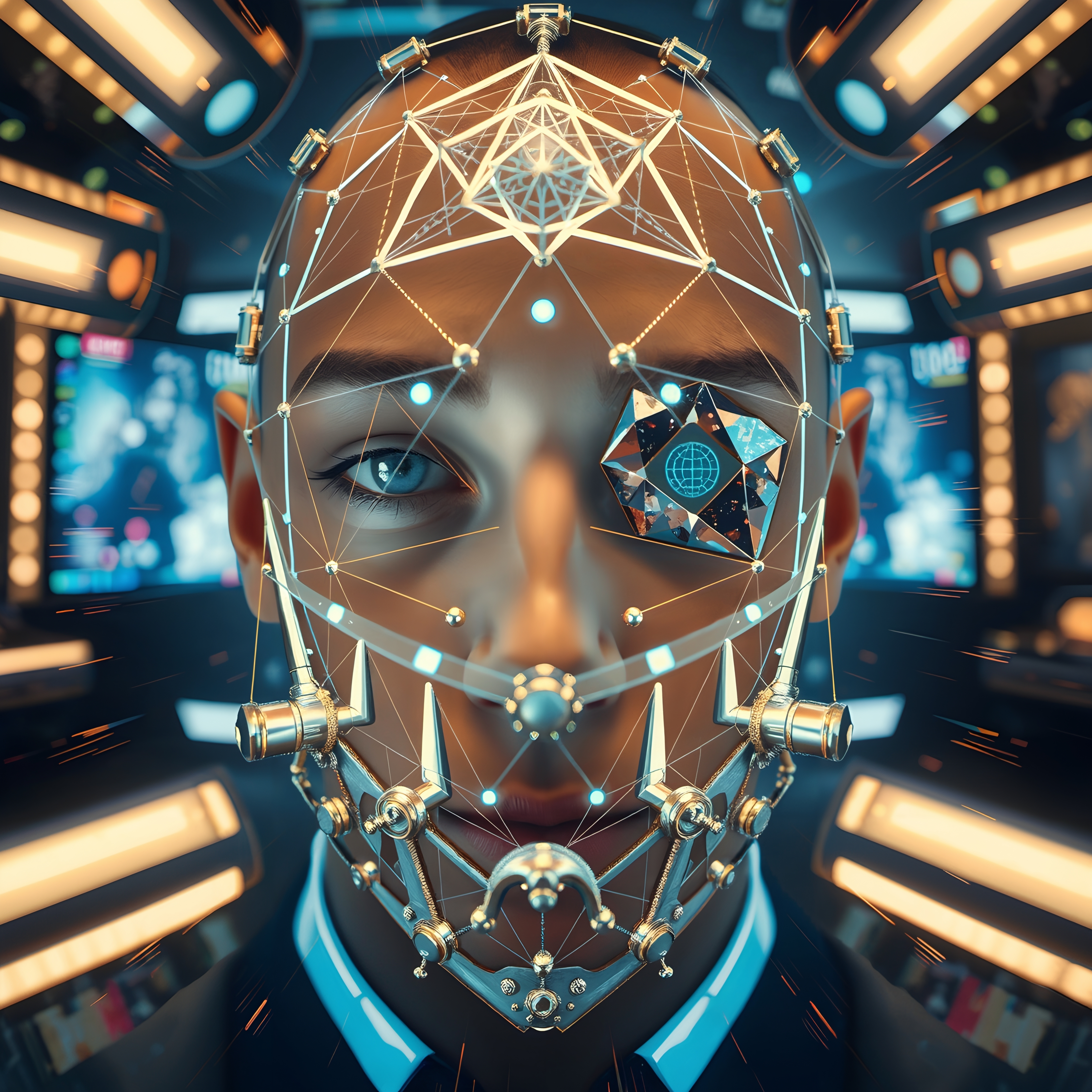 Futuristic human face with cybernetic enhancements and neon accents.