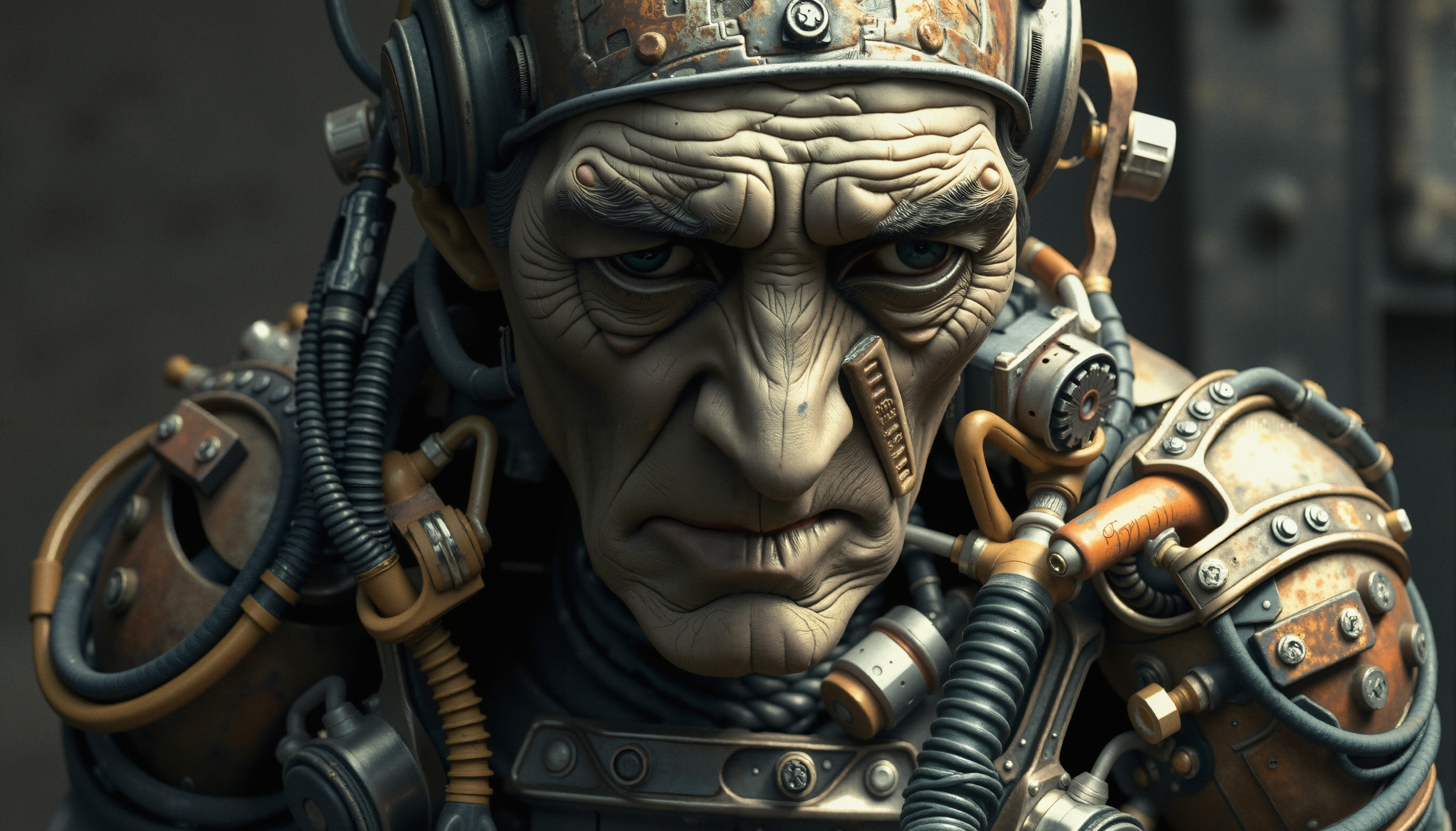 Elderly cyborg with intricate mechanical enhancements in a steampunk style.