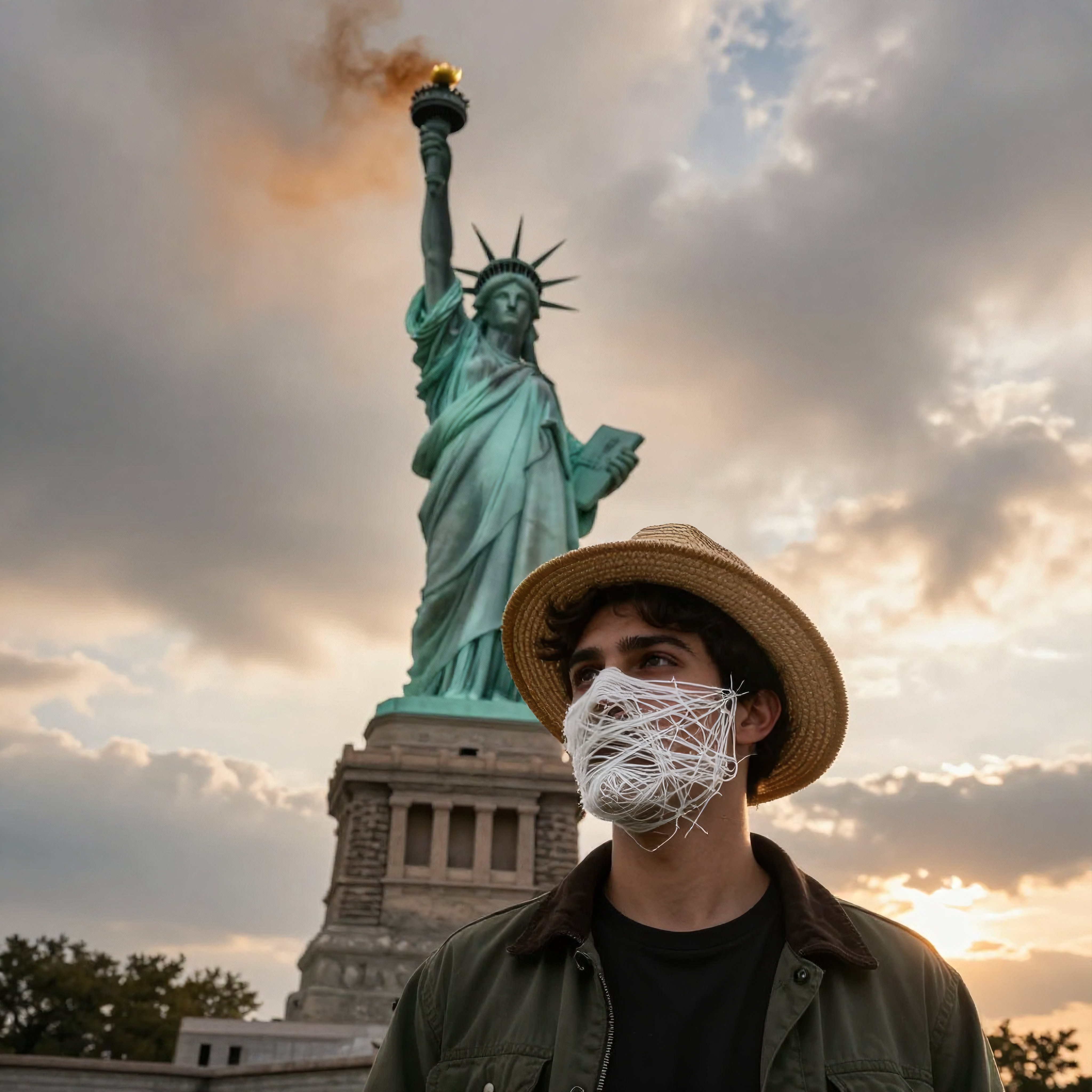 Young man with yarn-covered face standing before Statue of Liberty during dramatic sunset skies, symbolic protest imagery