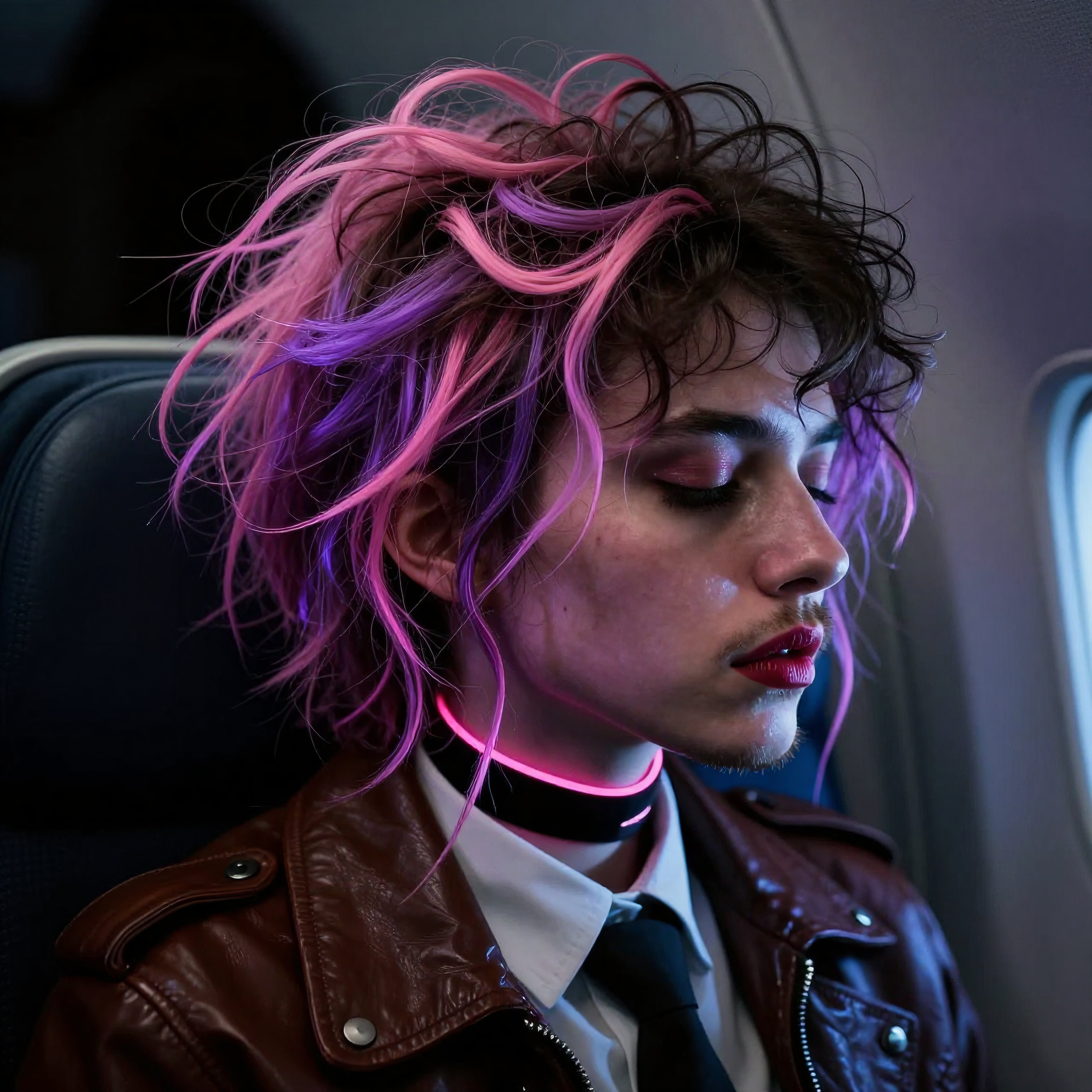 Airplane Passenger with Vibrant Hair and Neon Choker