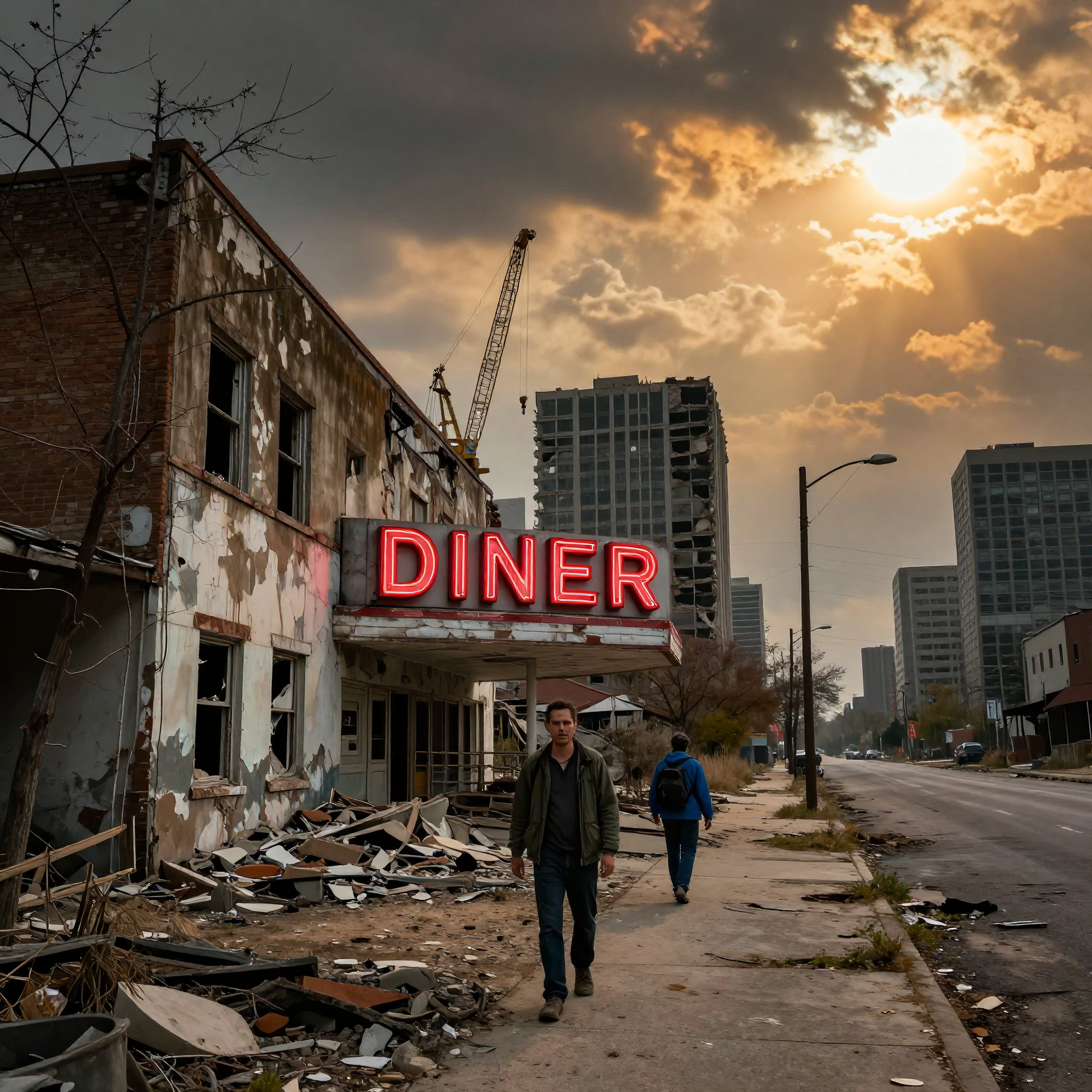 Post-apocalyptic diner with neon sign, urban decay, pedestrians, construction cranes, sunset