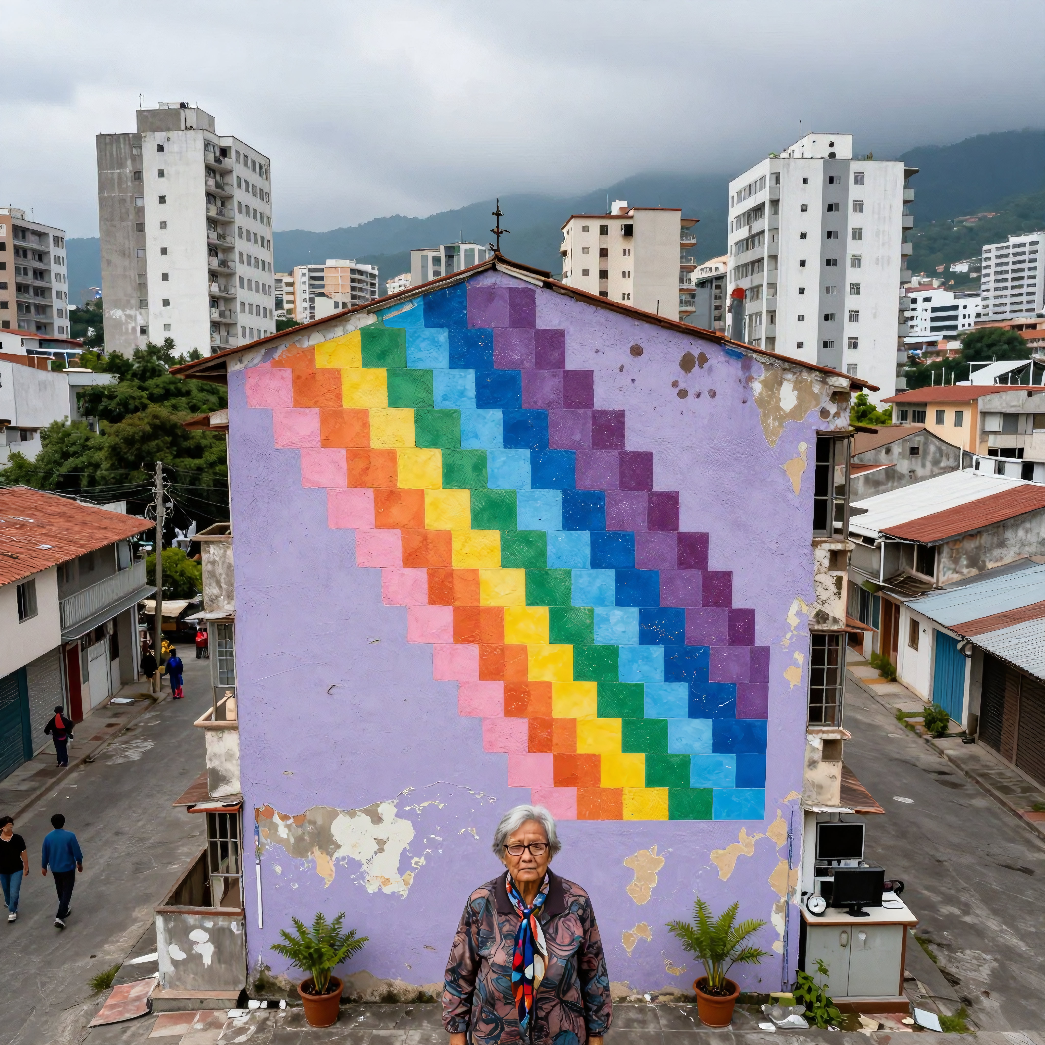 A vibrant mural with geometric rainbow design on a city building, complementing the urban background with an elderly woman in the foreground.