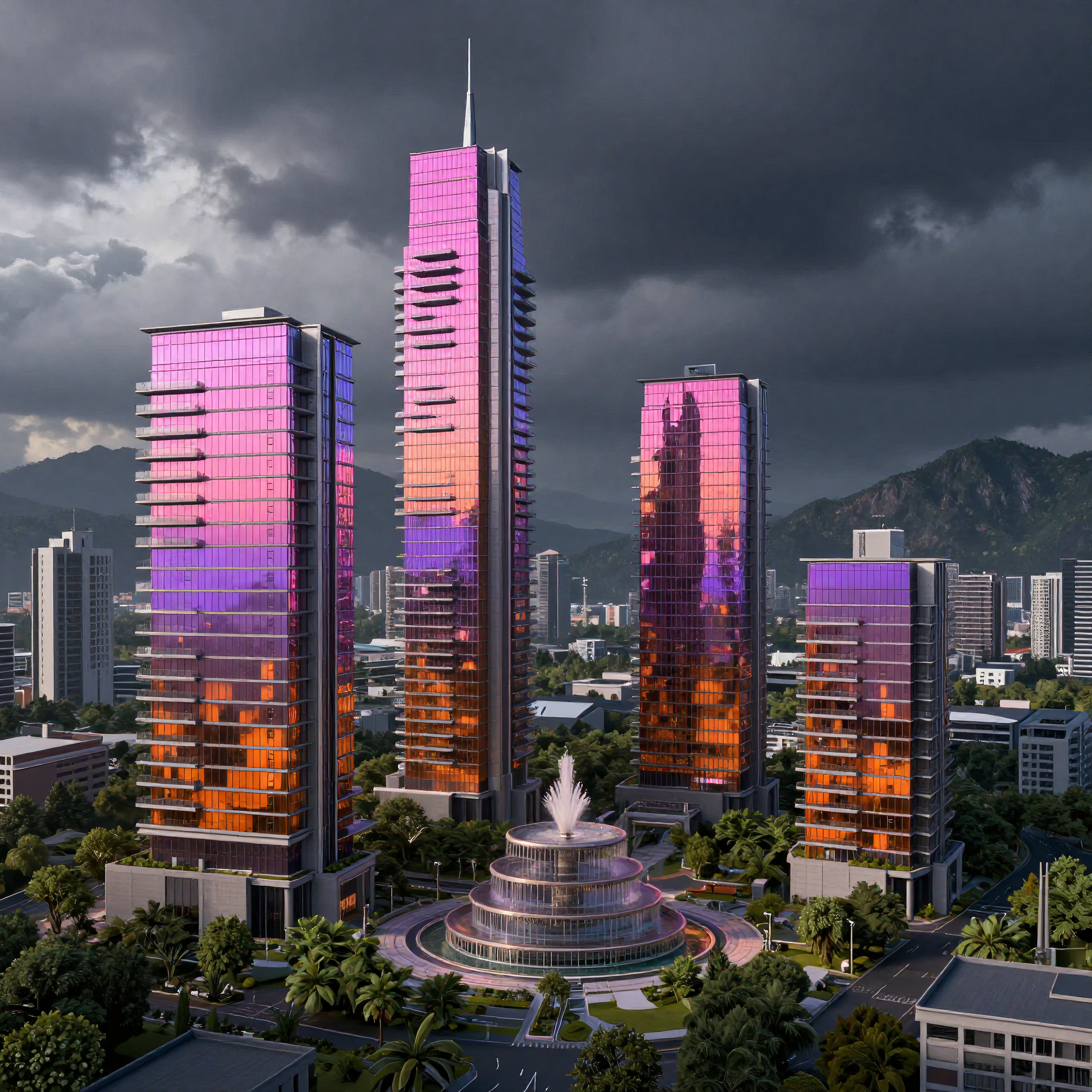 Futuristic city skyline with colorful reflective skyscrapers, central fountain, and stormy sky at sunset.