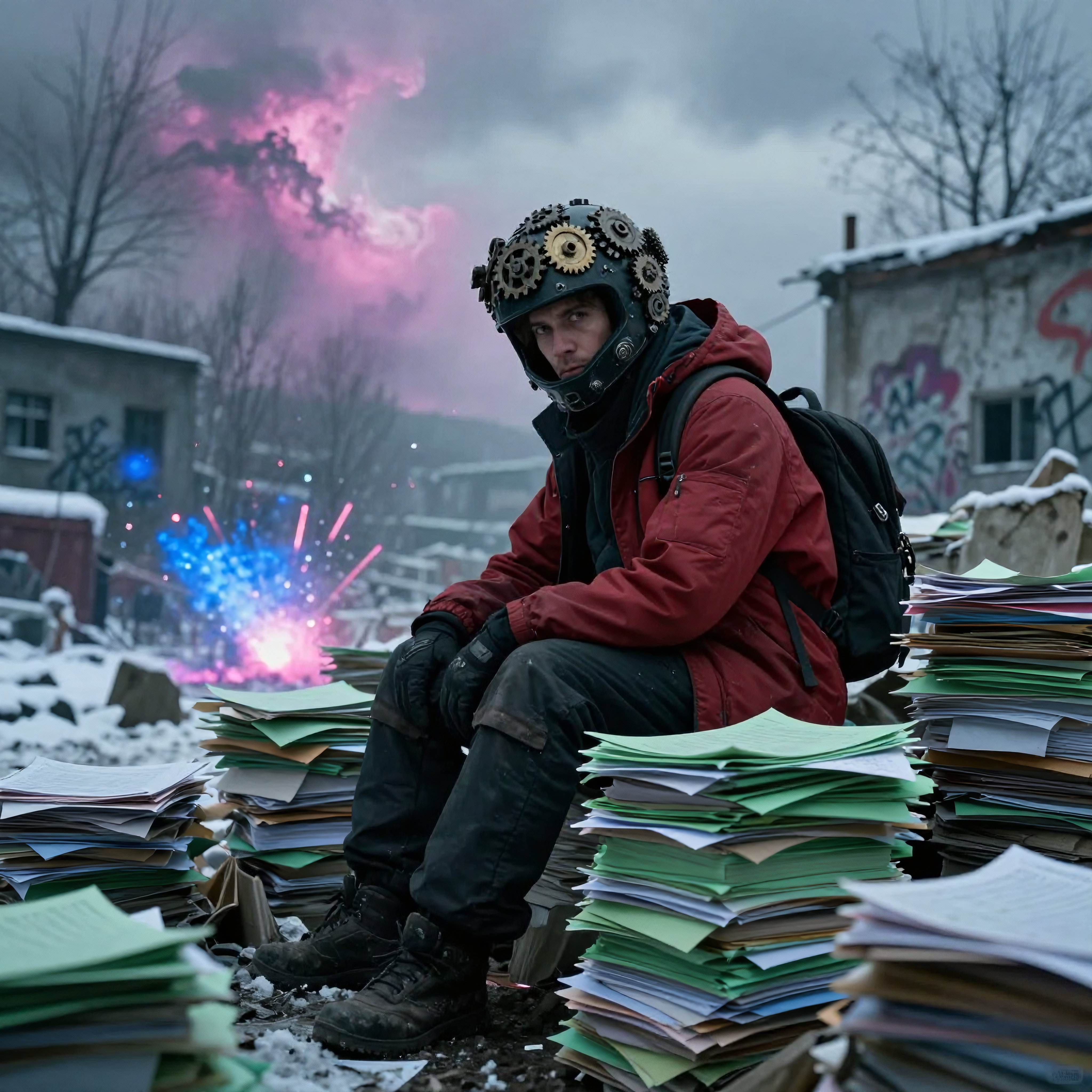 Man surrounded by piles of papers wearing gear helmet during snowy urban explosion event