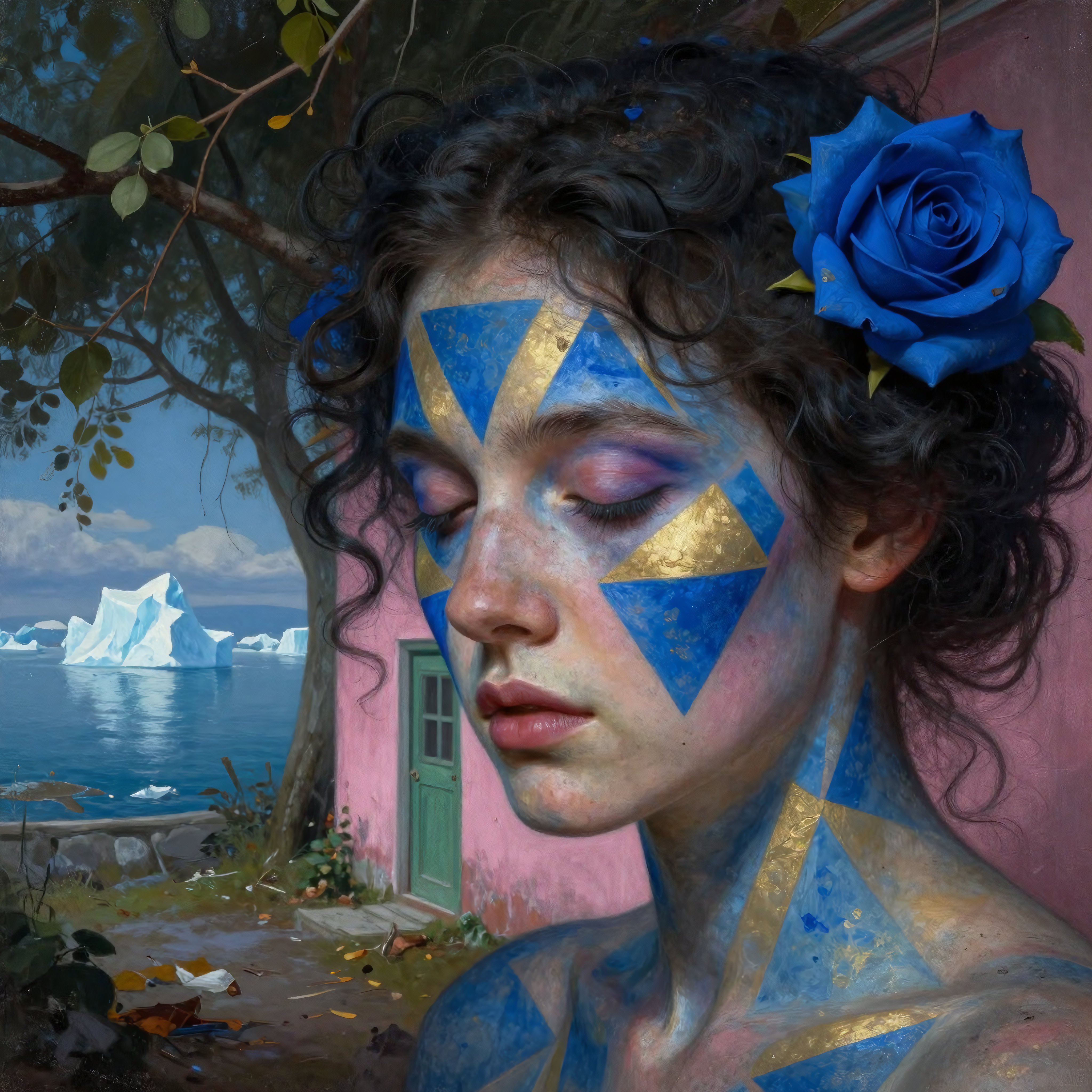 Woman with blue gold face paint, blue rose hair, pink house ocean icebergs