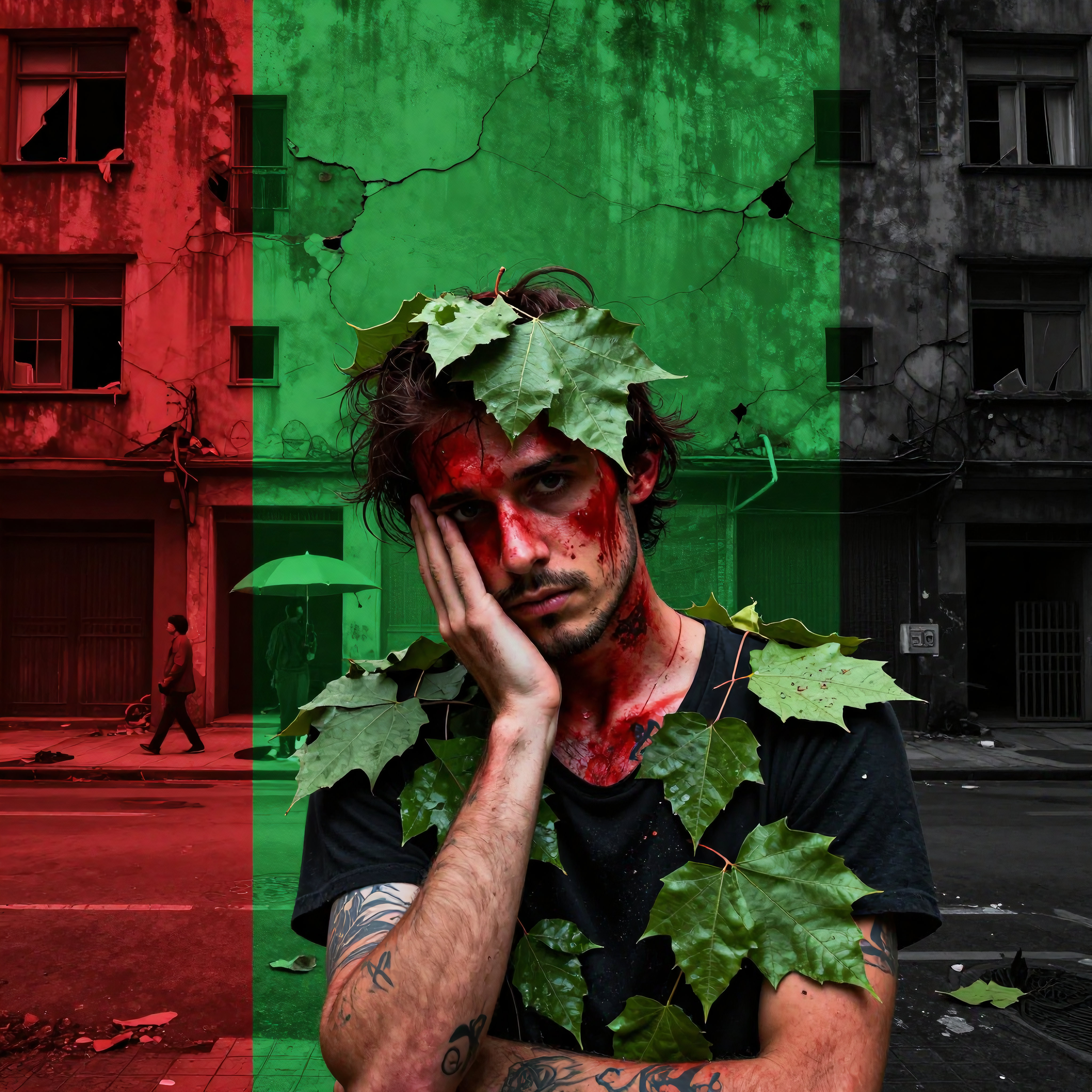 Blood-stained man with leaves on decaying urban building, tri-color red-green-gray split, abandoned city, tattoos, apocalyptic art concept