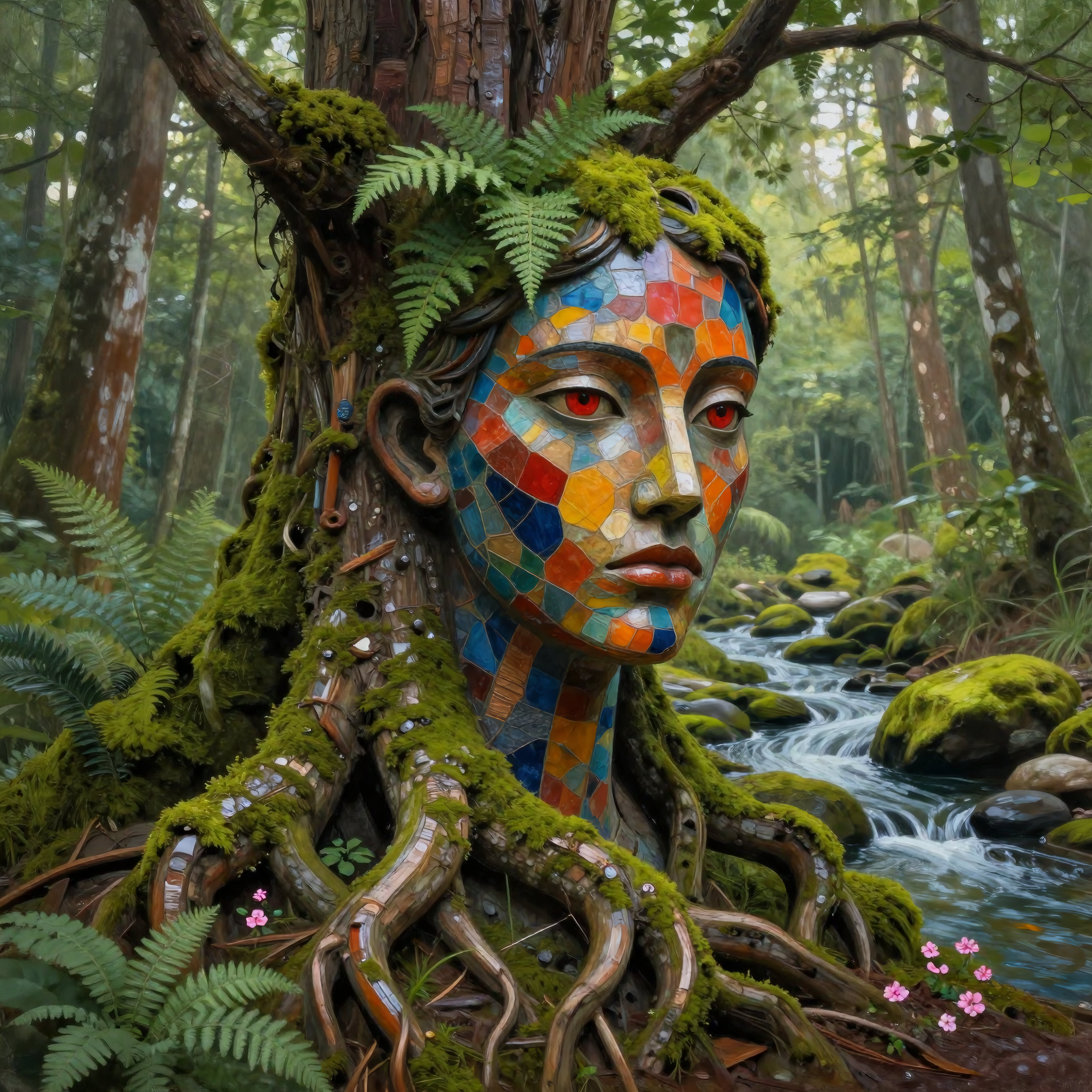 Mystical forest creature with colorful mosaic face emerging from ancient tree beside crystal-clear stream surrounded by lush ferns and wildflowers