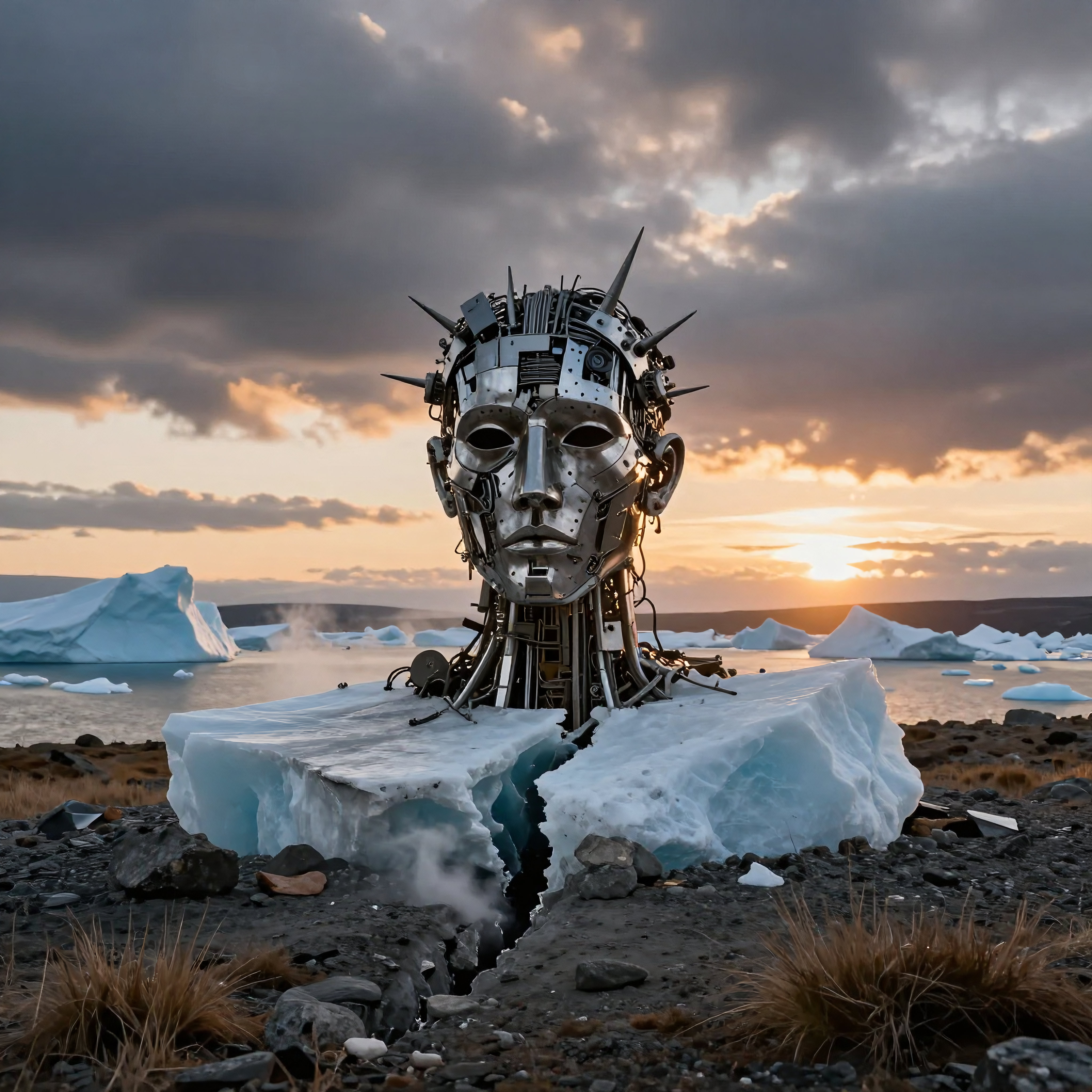 Robotic Head Emerging from Arctic Ice at Sunset